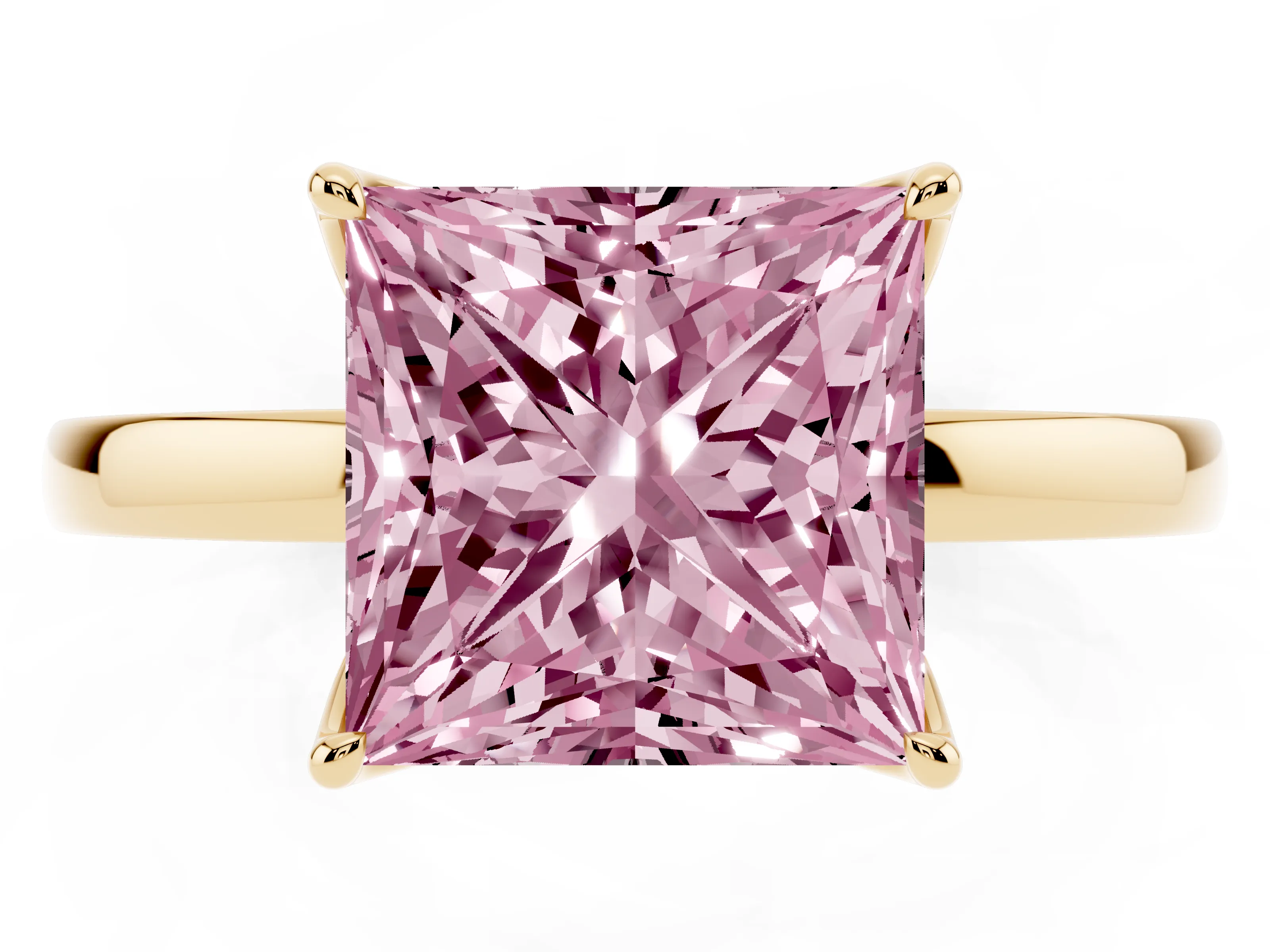 Fancy Pink Princess Cut Diamond Solitaire Ring Set in Yellow gold with Prong Setting and Thin Polished Band