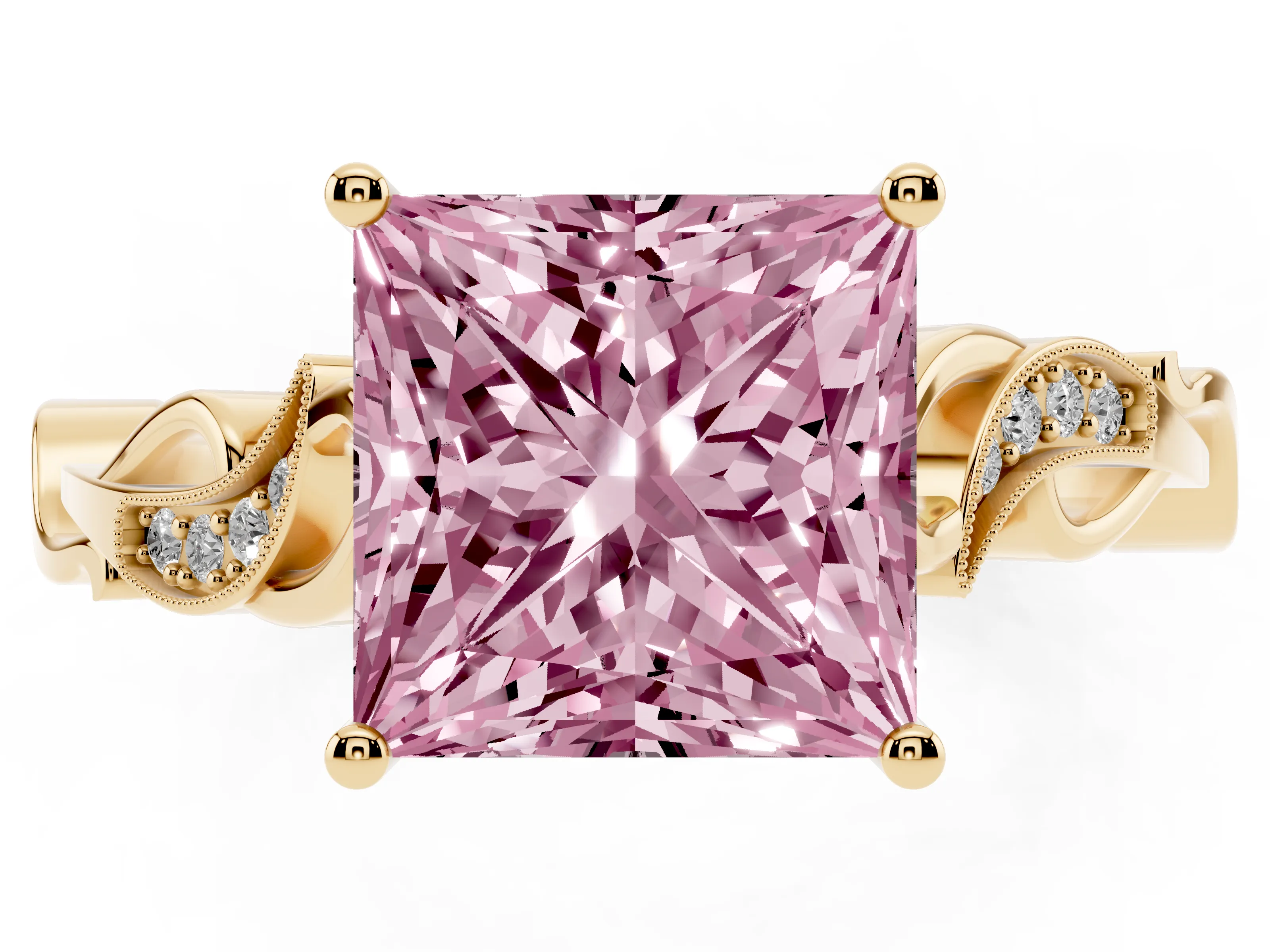 Fancy Pink Princess Cut Diamond Vine Band Solitaire Ring Set in Yellow gold with Milgrain Prong Setting