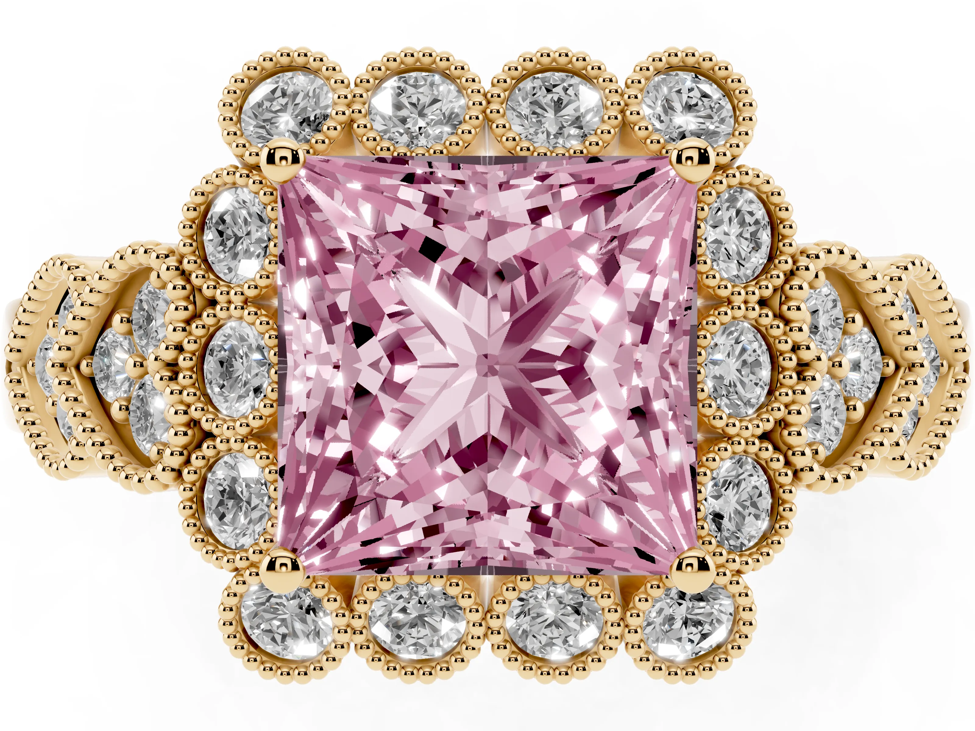 Fancy Pink Princess Cut Diamond Solitaire Ring Set in Yellow gold with Milgrain Pavé Heart Band
