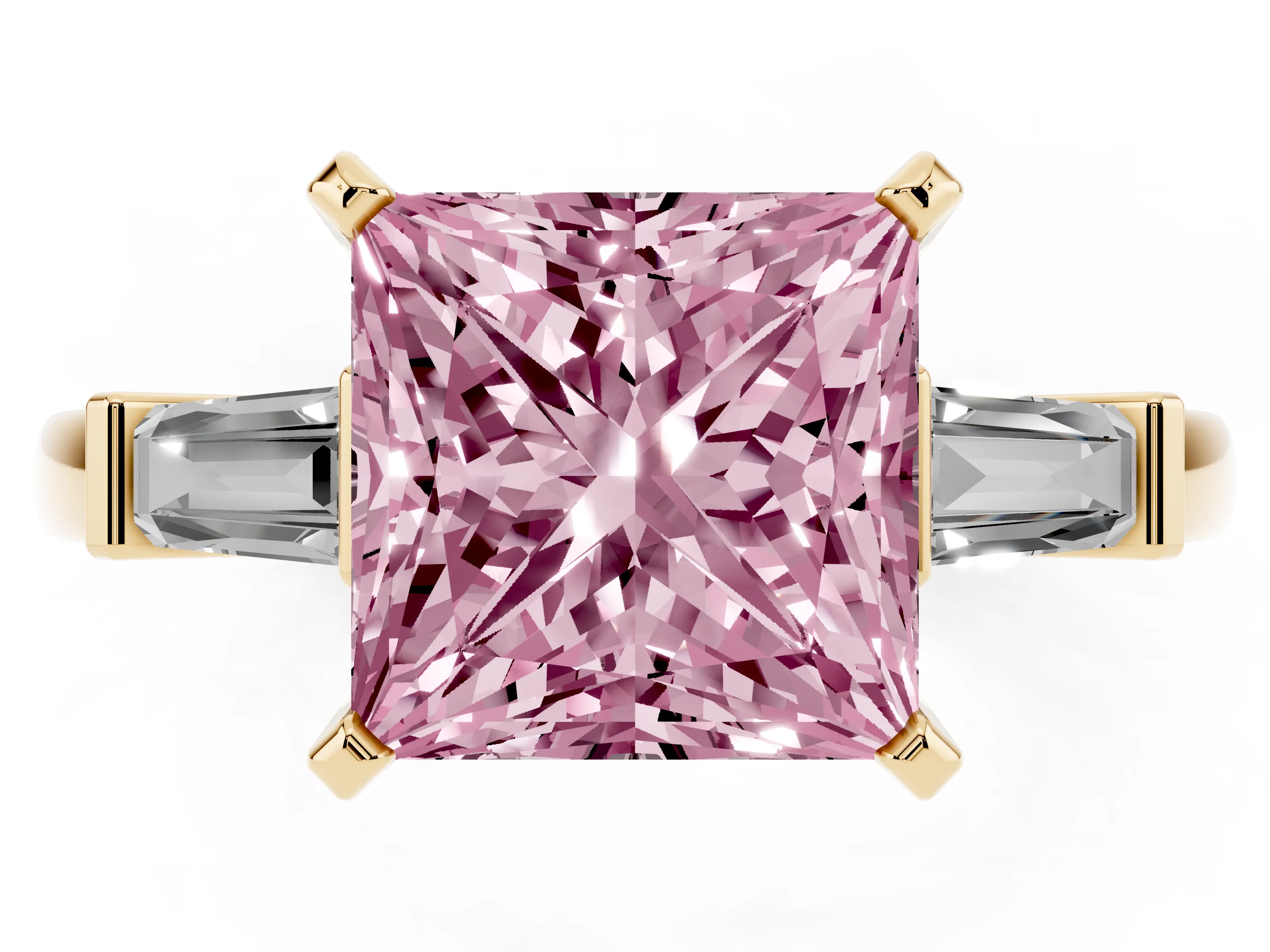 Fancy Pink Princess Cut Diamond Solitaire Ring Set in Yellow gold with Tapered Baguette Accents and Prong Setting
