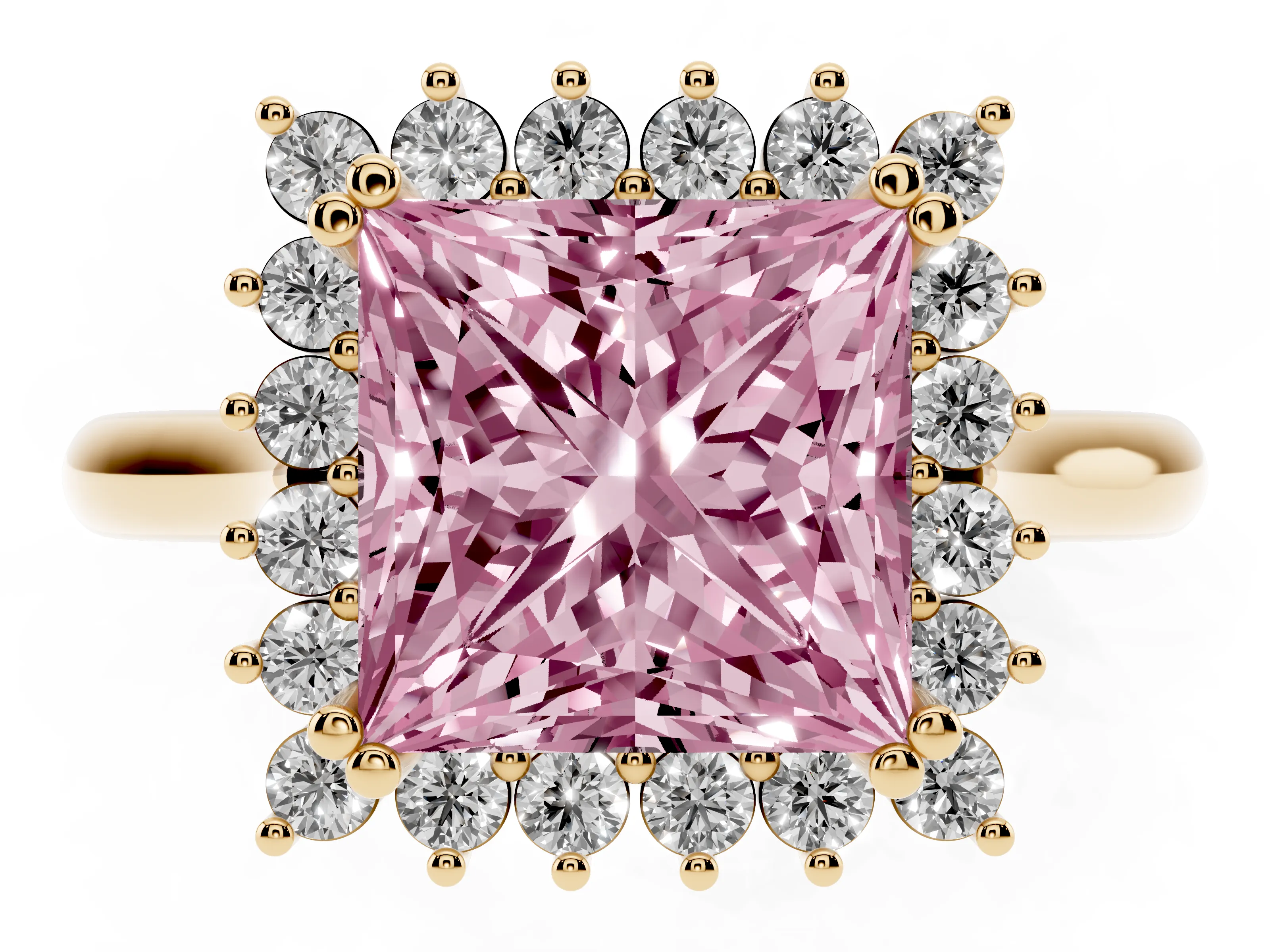 Fancy Pink Princess Cut Diamond Halo Ring Set in Yellow gold with Plain Solitaire Band and Prong Setting