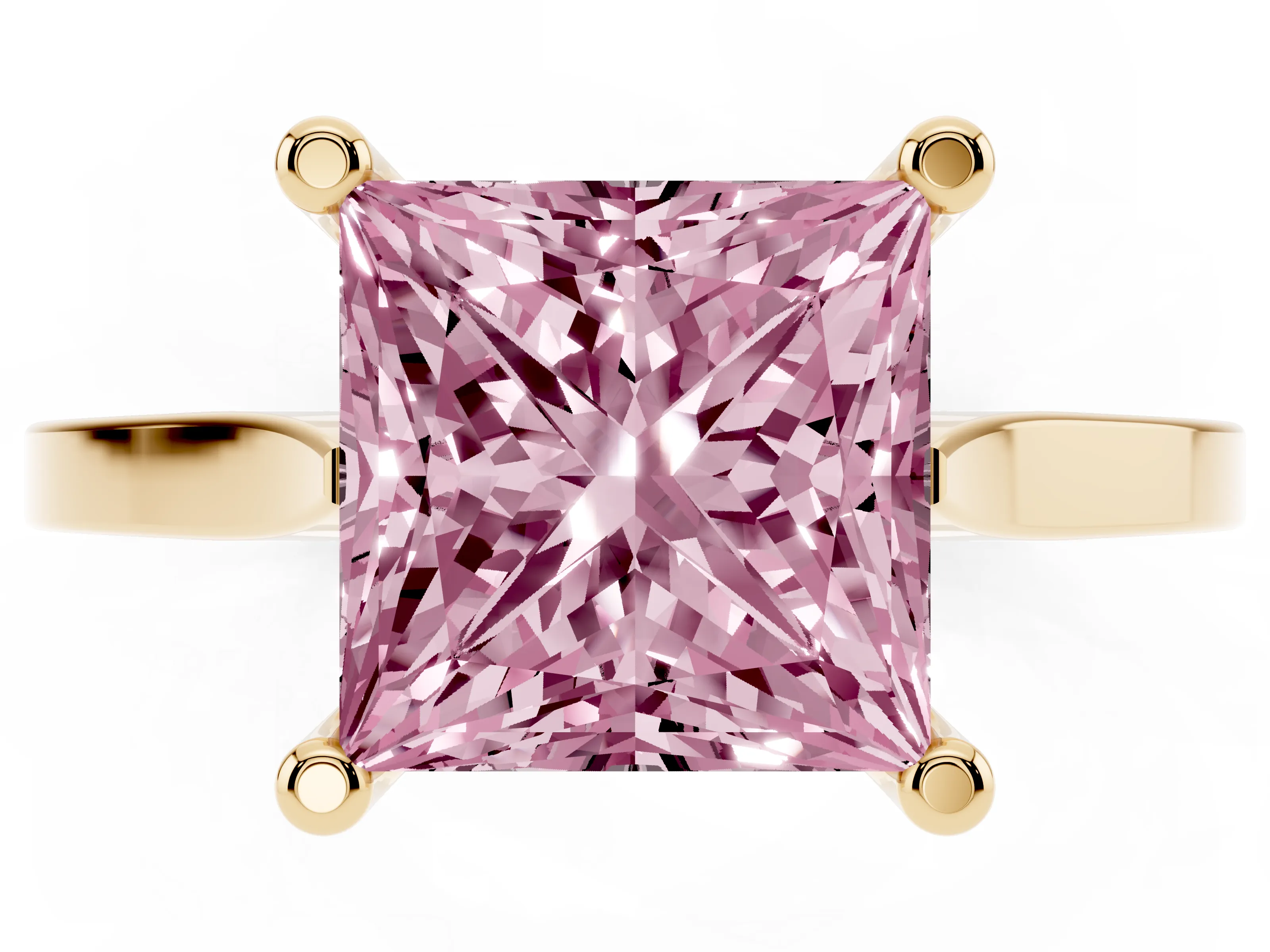 Fancy Pink Princess Cut Diamond Solitaire Ring Set in Yellow gold with Prong Setting and Tapered Band