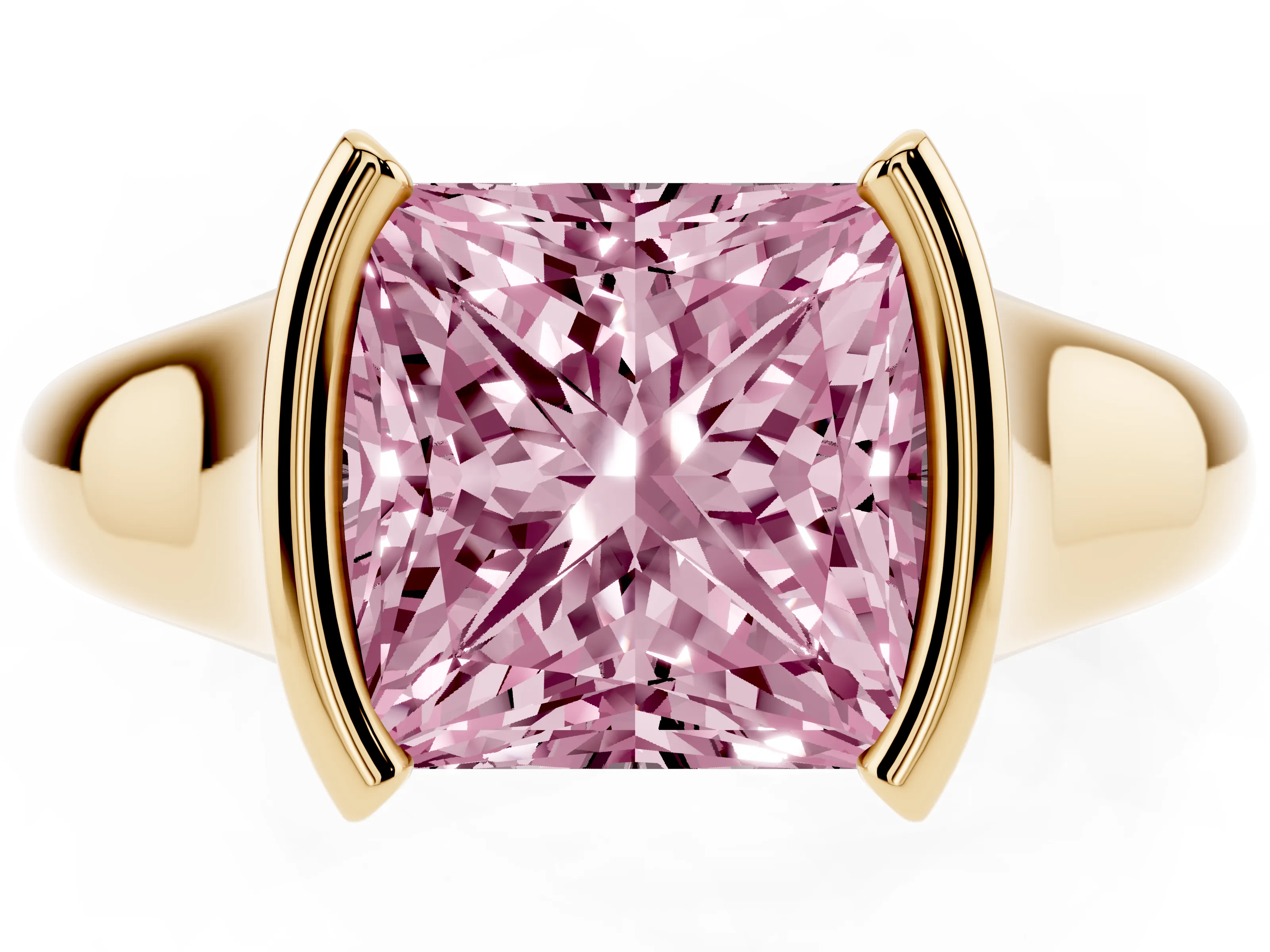Fancy Pink Princess Cut Diamond Solitaire Tension Set Ring Set in Yellow gold with Split Shank Band