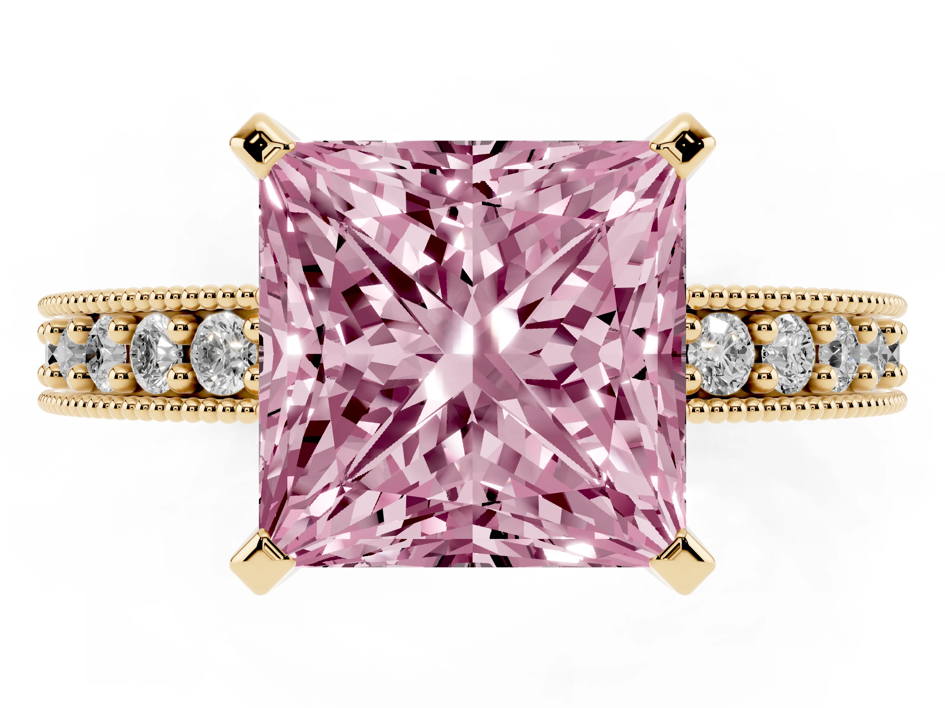 Fancy Pink Princess Cut Diamond Milgrain Pavé Engagement Ring Set in Yellow gold with Prong Setting