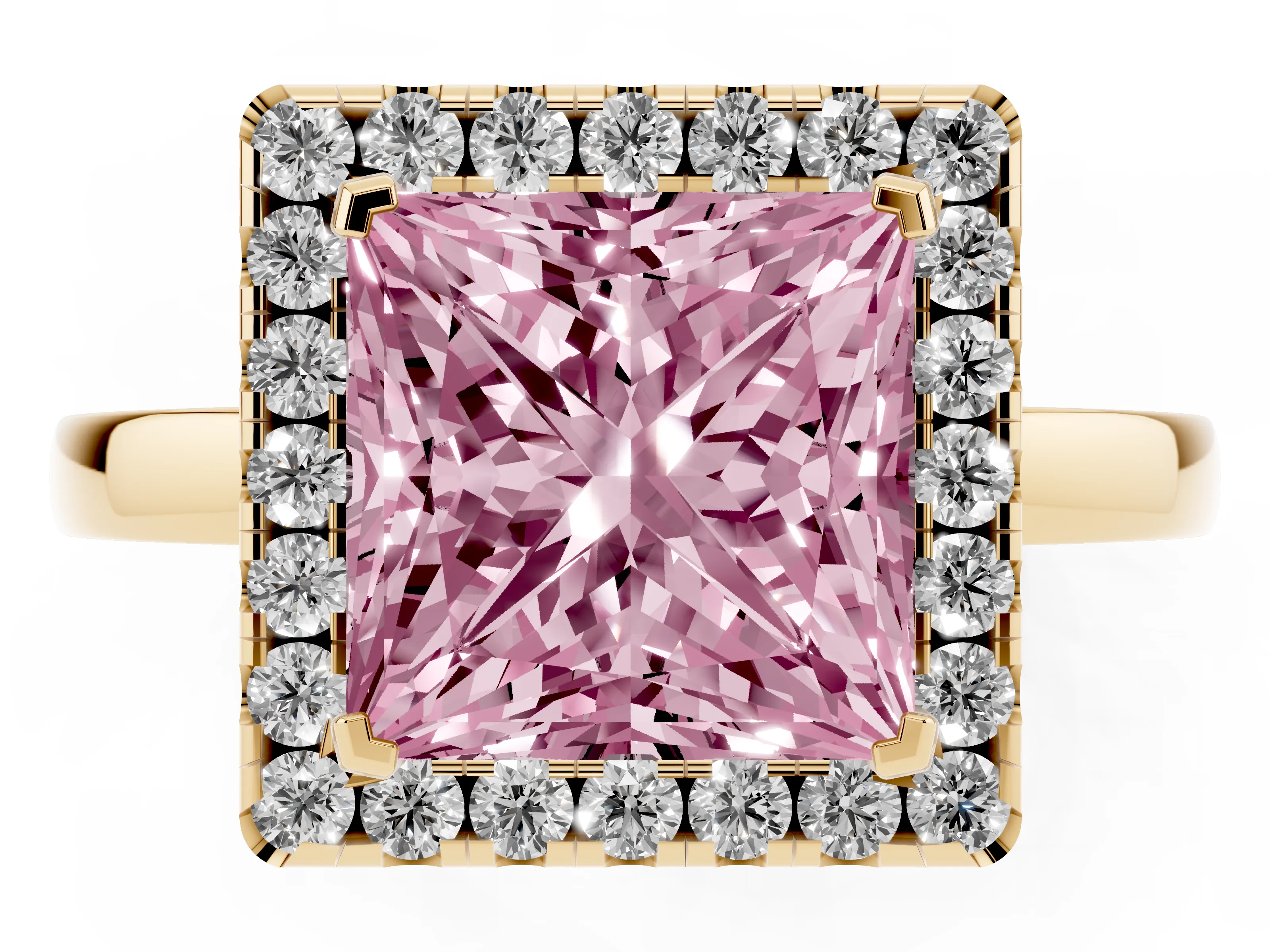 Fancy Pink Princess Cut Diamond Halo Solitaire Ring Set in Yellow gold with Pavé Band and Prong Setting