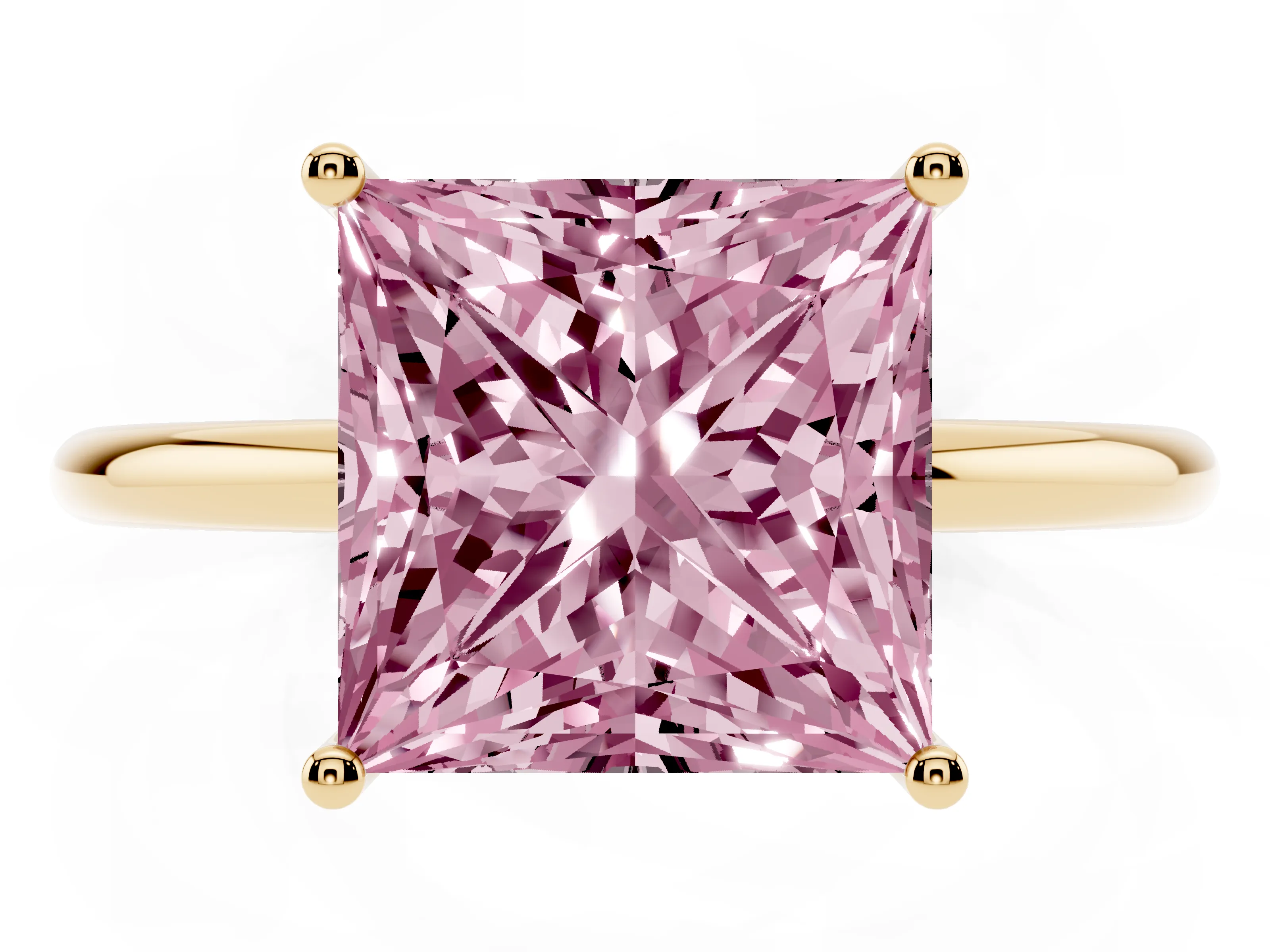 Fancy Pink Princess Cut Diamond Solitaire Engagement Ring Set in Yellow gold with Thin Band and Prong Setting