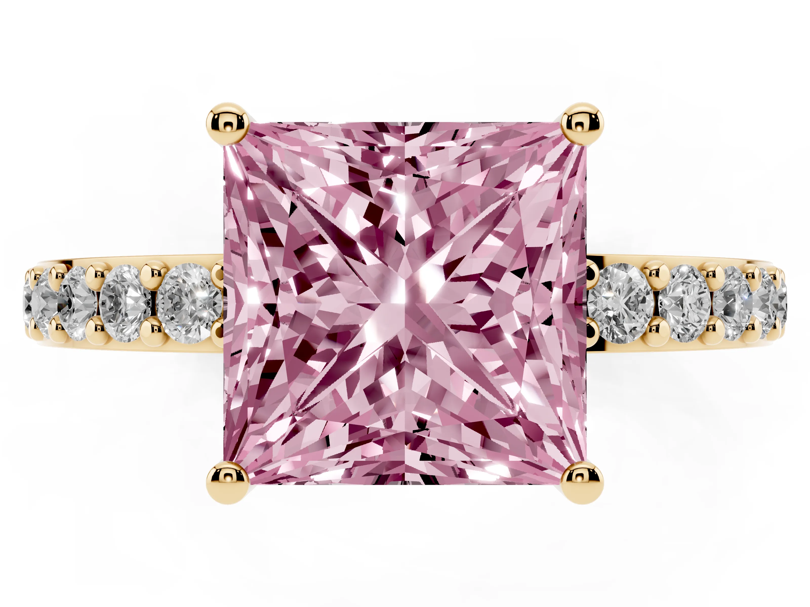 Fancy Pink Princess Cut Diamond Solitaire Set in Yellow gold with Round Pavé Band and Prong Setting