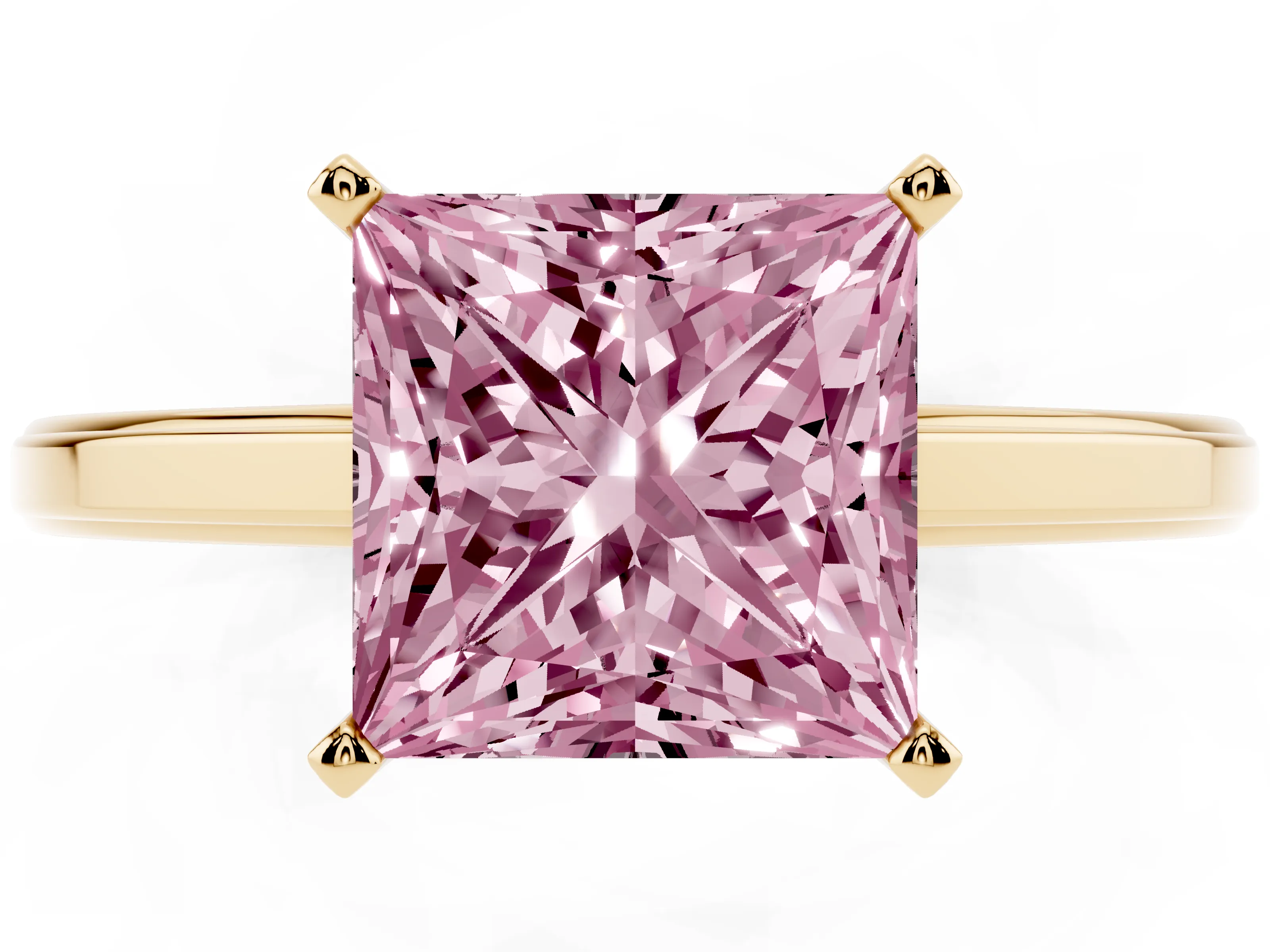 Fancy Pink Princess Cut Diamond Solitaire Ring Set in Yellow gold with Prong Setting and Classic Band