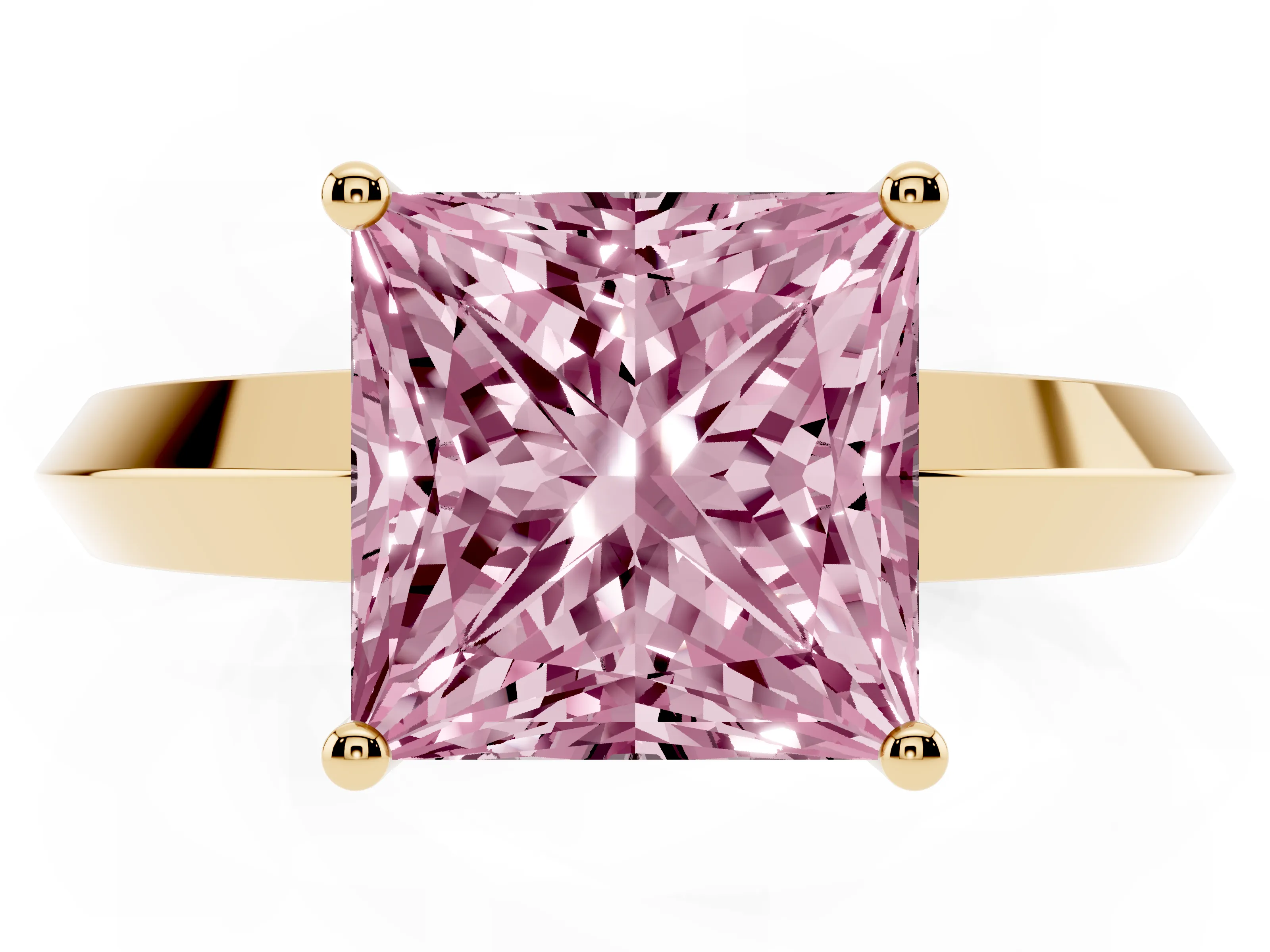 Fancy Pink Princess Cut Diamond Solitaire Engagement Ring Set in Yellow gold with Flat Band and Prong Setting