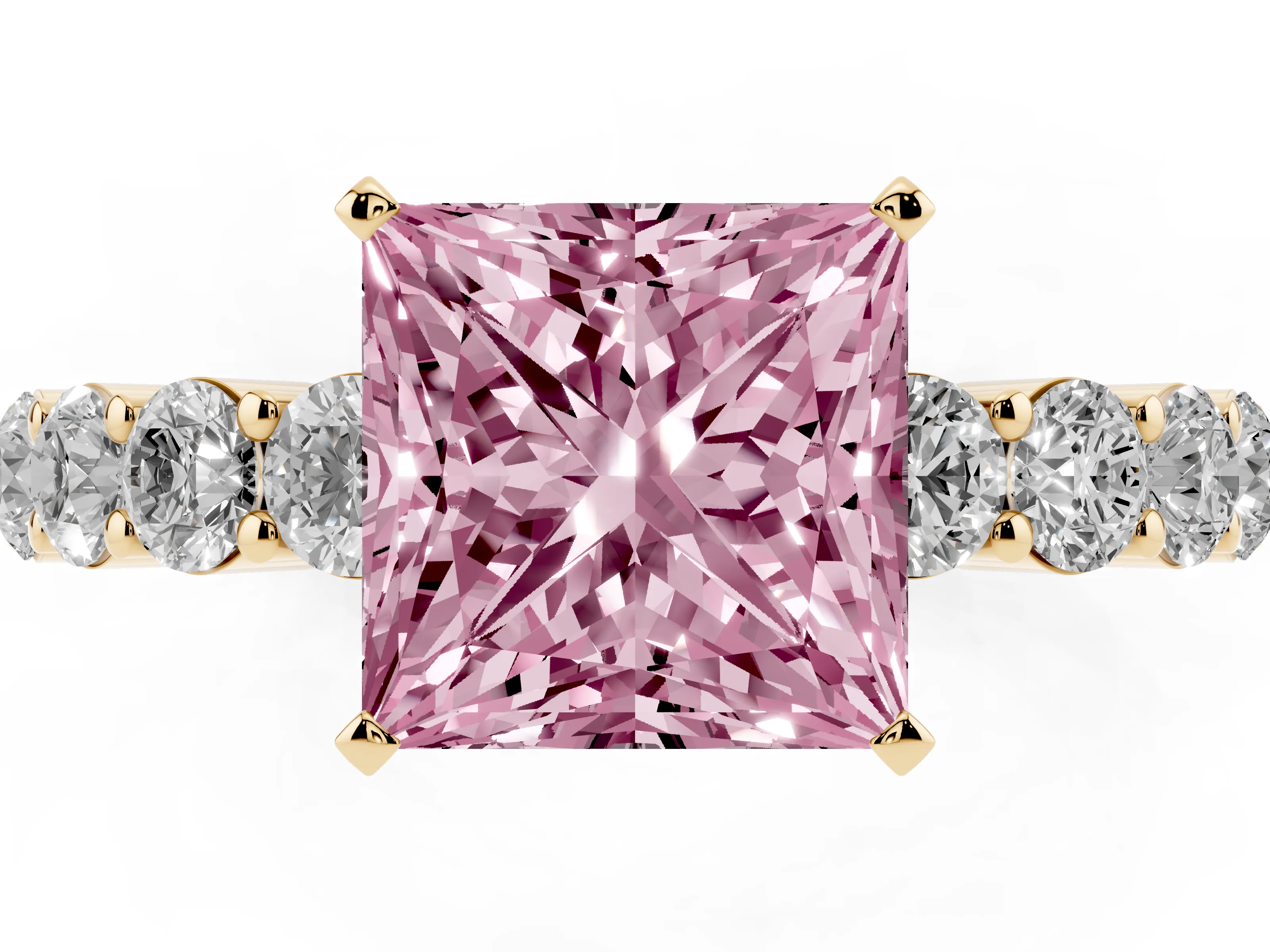 Fancy Pink Princess Cut Diamond Solitaire Ring Set in Yellow gold with Shared Prong Round Side Stones