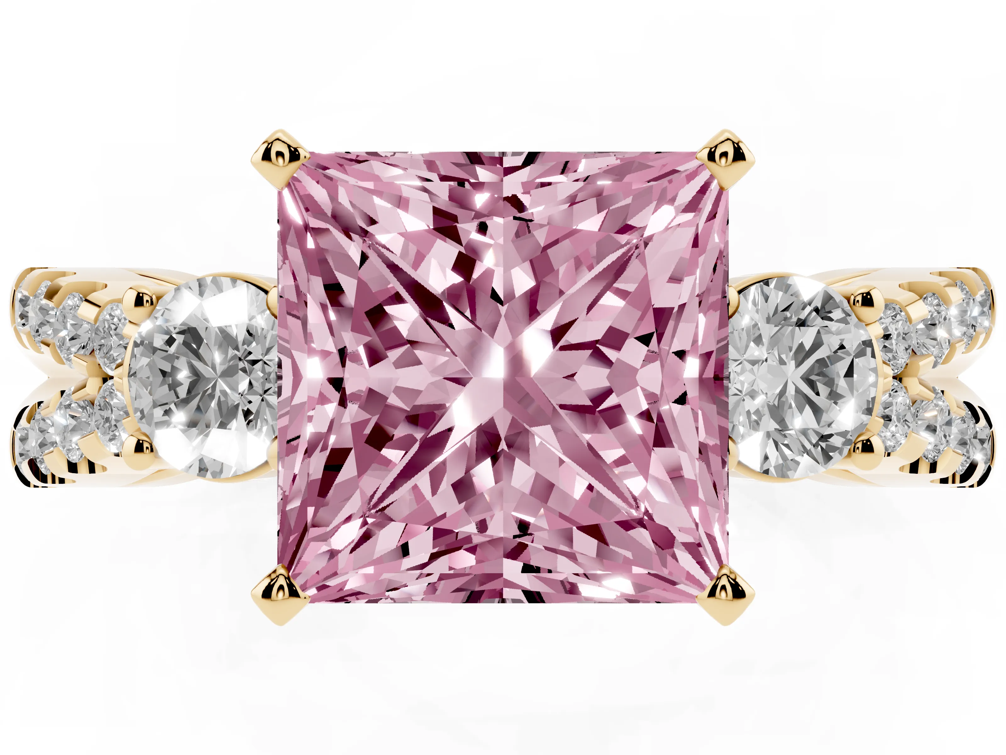 Fancy Pink Princess Cut Diamond Three-Stone Ring Set in Yellow gold with Pavé Split Shank and Prong Setting