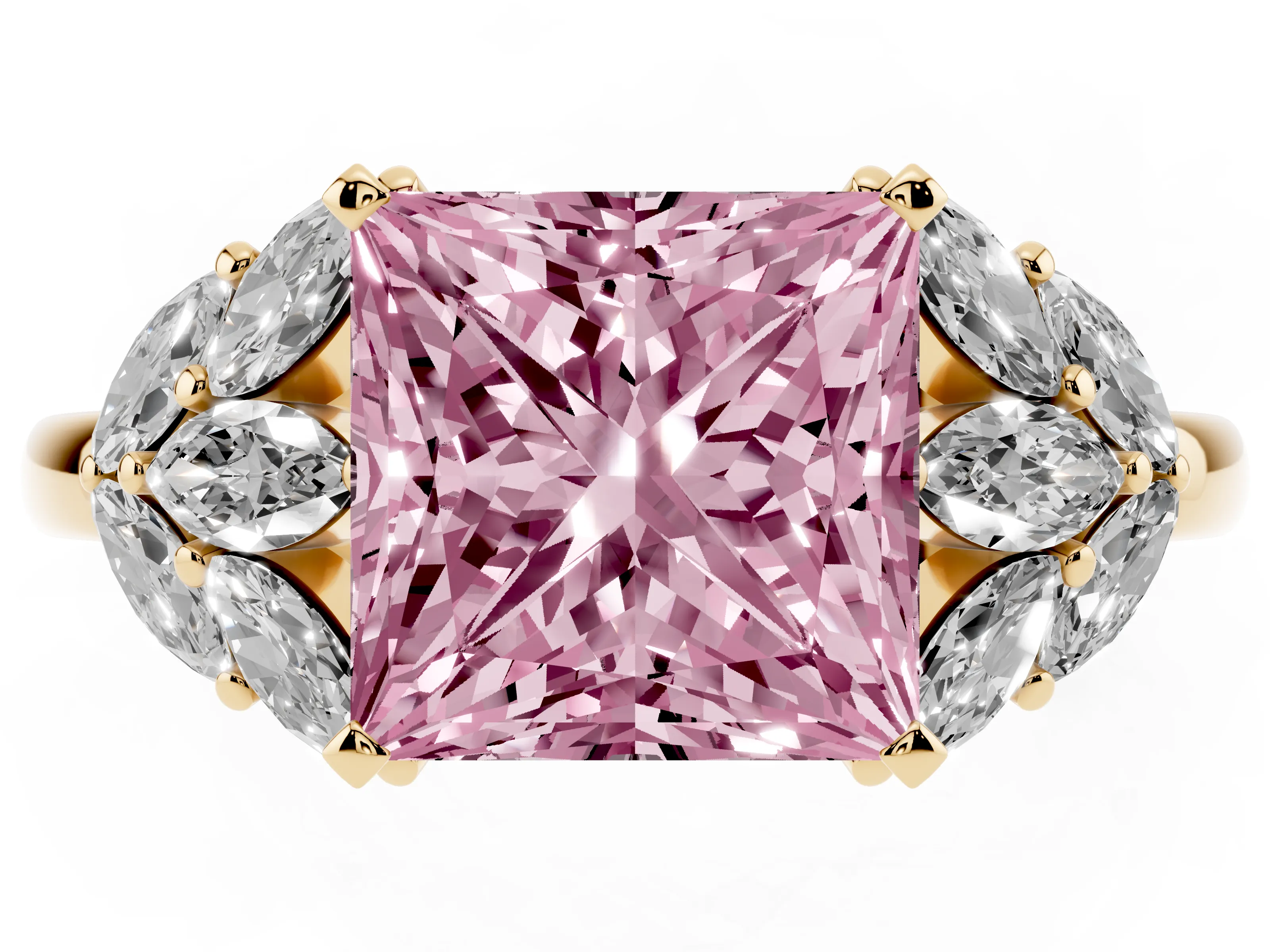 Fancy Pink Princess Cut Diamond Cluster Leaf Design Ring Set in Yellow gold with Prong Setting