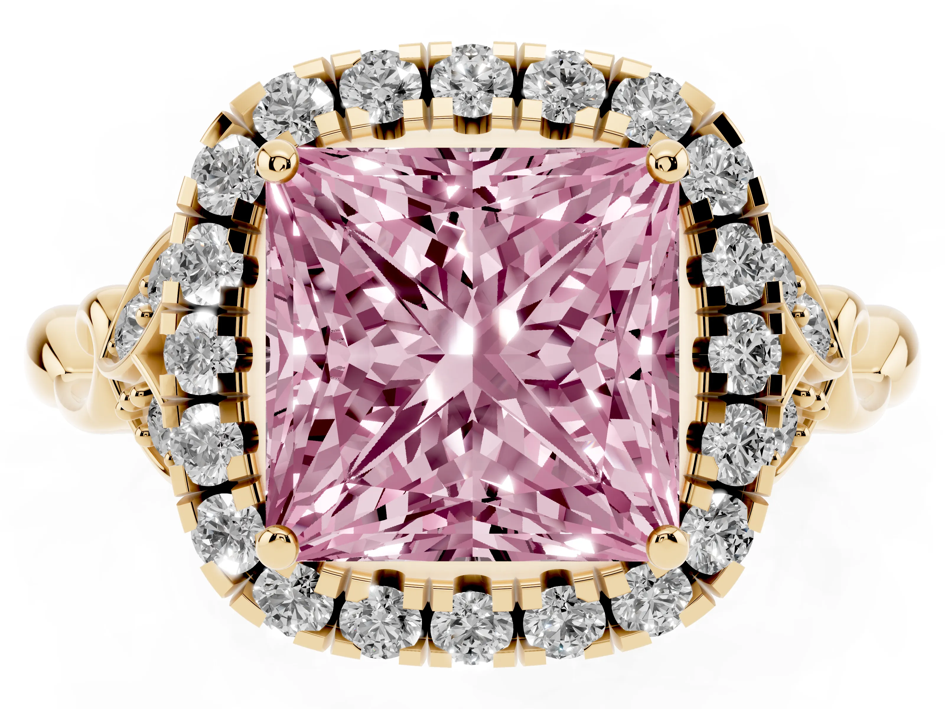 Fancy Pink Princess Cut Diamond Halo Engagement Ring Set in Yellow gold with Vintage-Inspired Band and Prong Setting