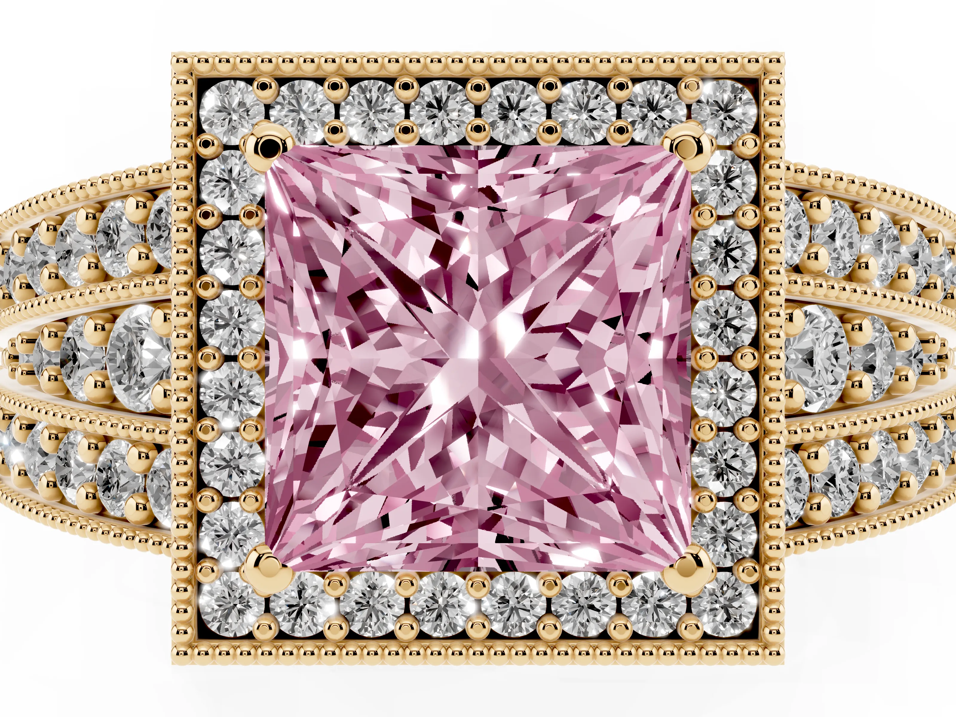 Fancy Pink Princess Cut Diamond Halo Ring Set in Yellow gold with Accent Split Shank and Prong Setting