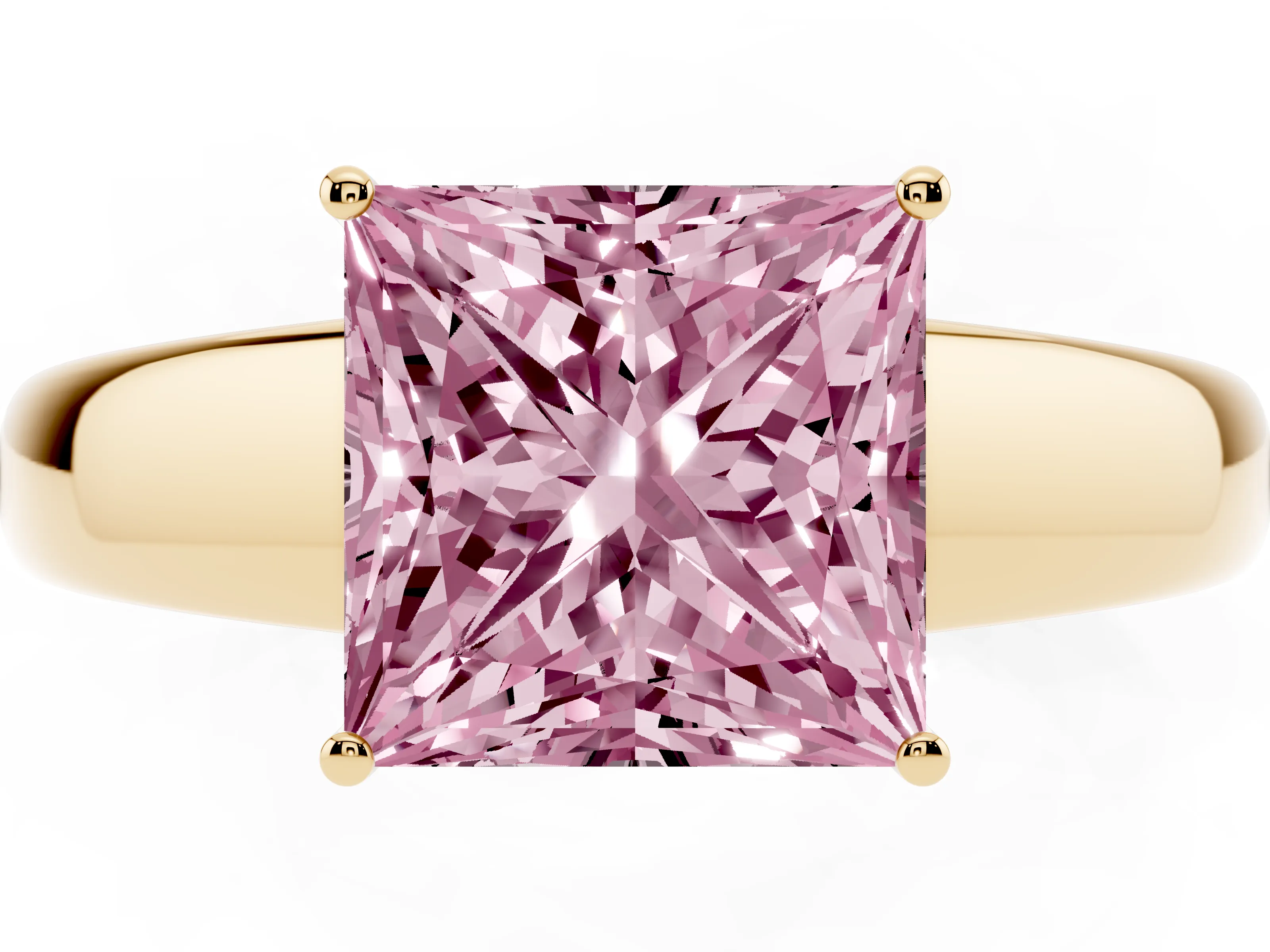 Fancy Pink Princess Cut Diamond Solitaire Ring Set in Yellow gold with Tapered Band and Prong Setting