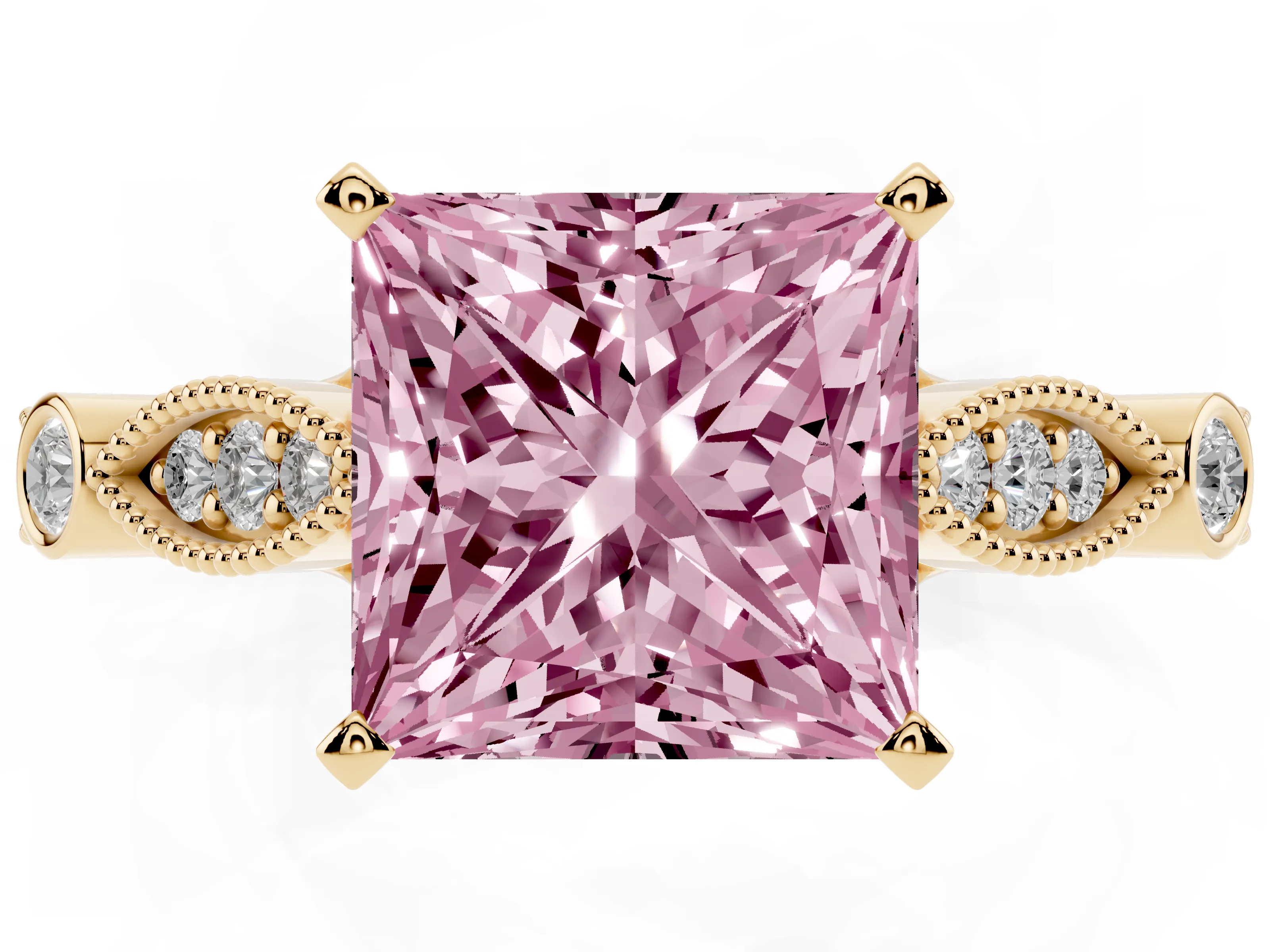 Fancy Pink Princess Cut Diamond Solitaire Ring Set in Yellow gold with Milgrain Marquise and Bezel Accents