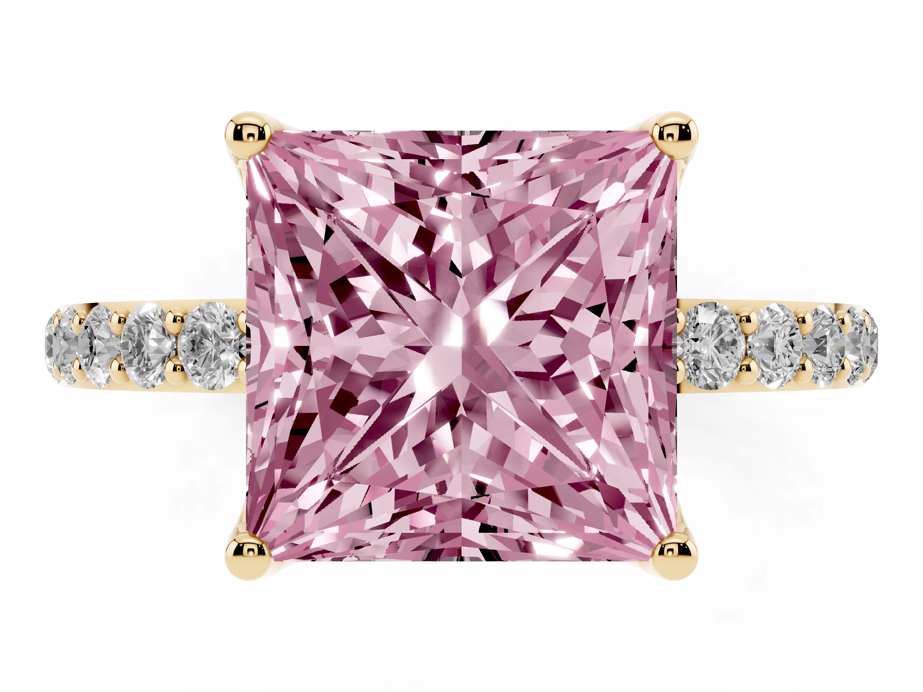 Fancy Pink Princess Cut Diamond Solitaire Engagement Ring Set in Yellow gold with Round Pavé Band and Prong Setting