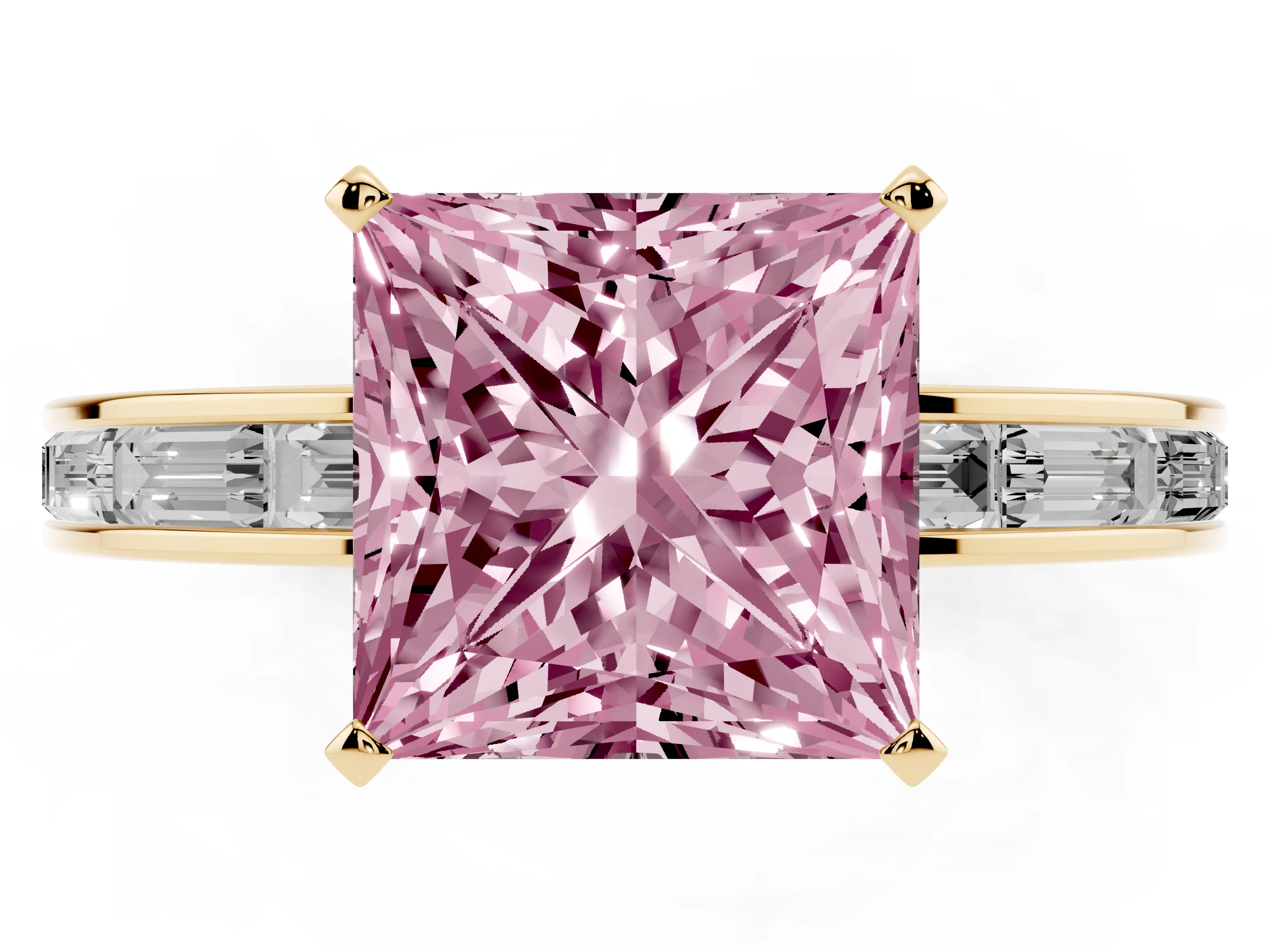 Fancy Pink Princess Cut Diamond Solitaire Ring Set in Yellow gold with Channel-Set Baguette Band and Prong Setting