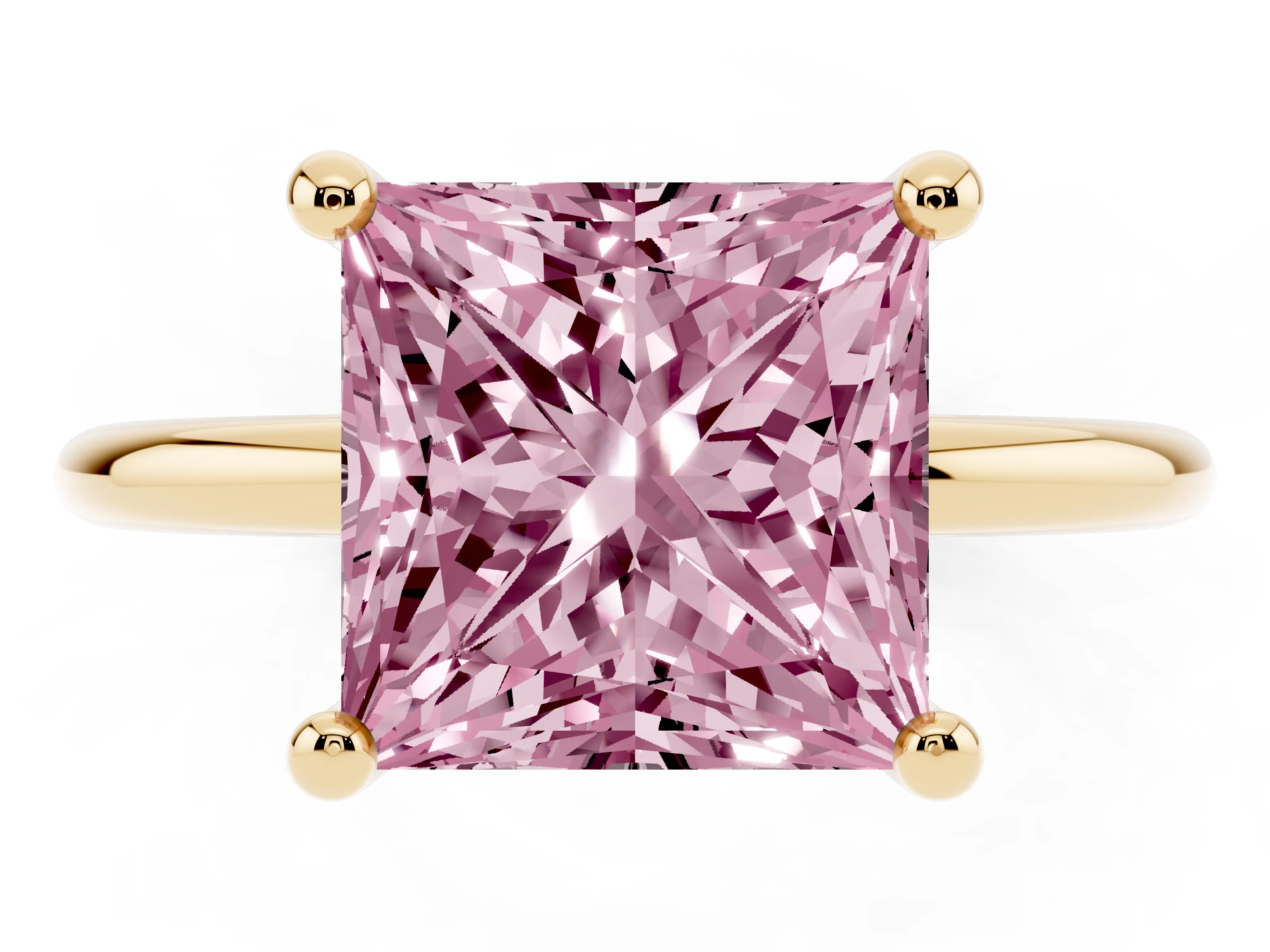 Fancy Pink Princess Cut Diamond Solitaire Ring Set in Yellow gold with Secure Prong Setting on a Classic Band