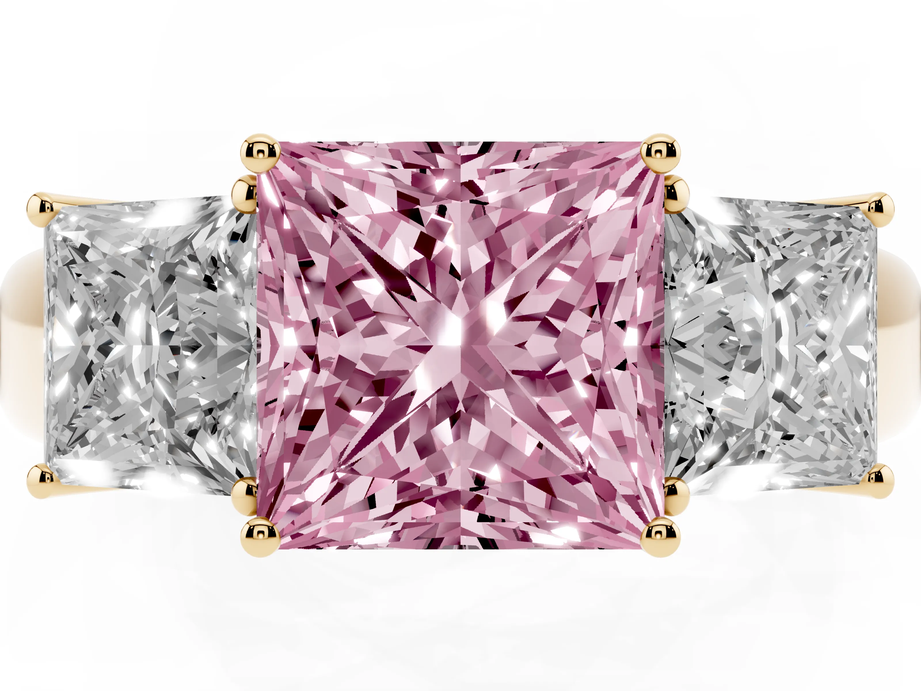 Fancy Pink Three-Stone Princess Cut Diamond Ring Set in Yellow gold with Matching Prong Settings and Plain Band