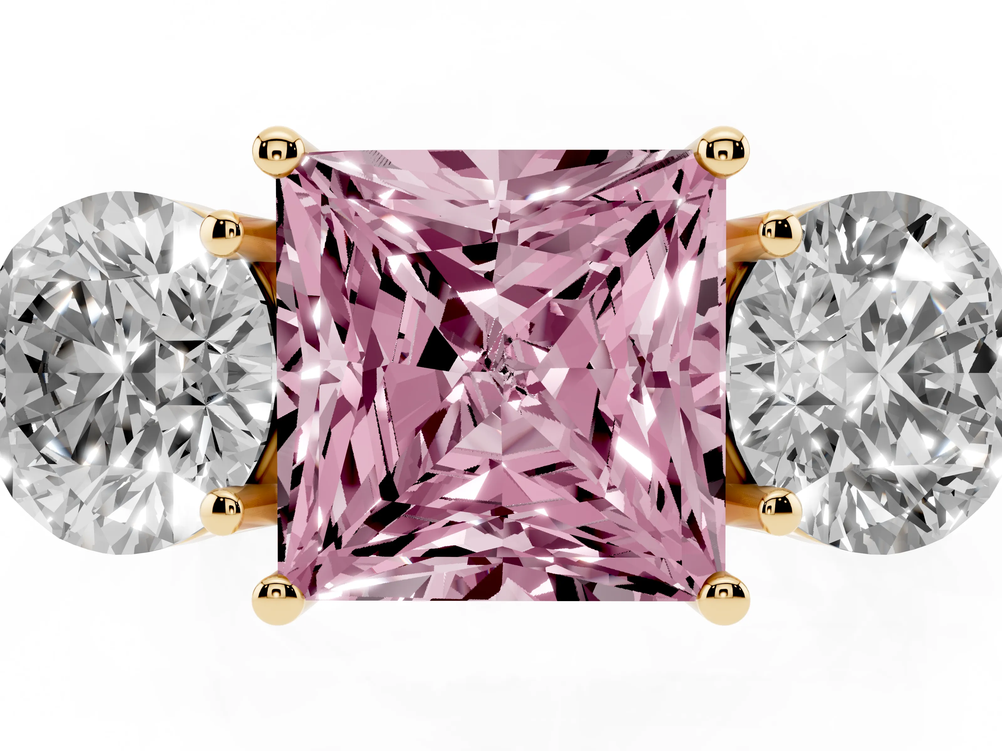 Fancy Pink Princess Cut Diamond Three-Stone Ring Set in Yellow gold with Prong Setting and Plain Band