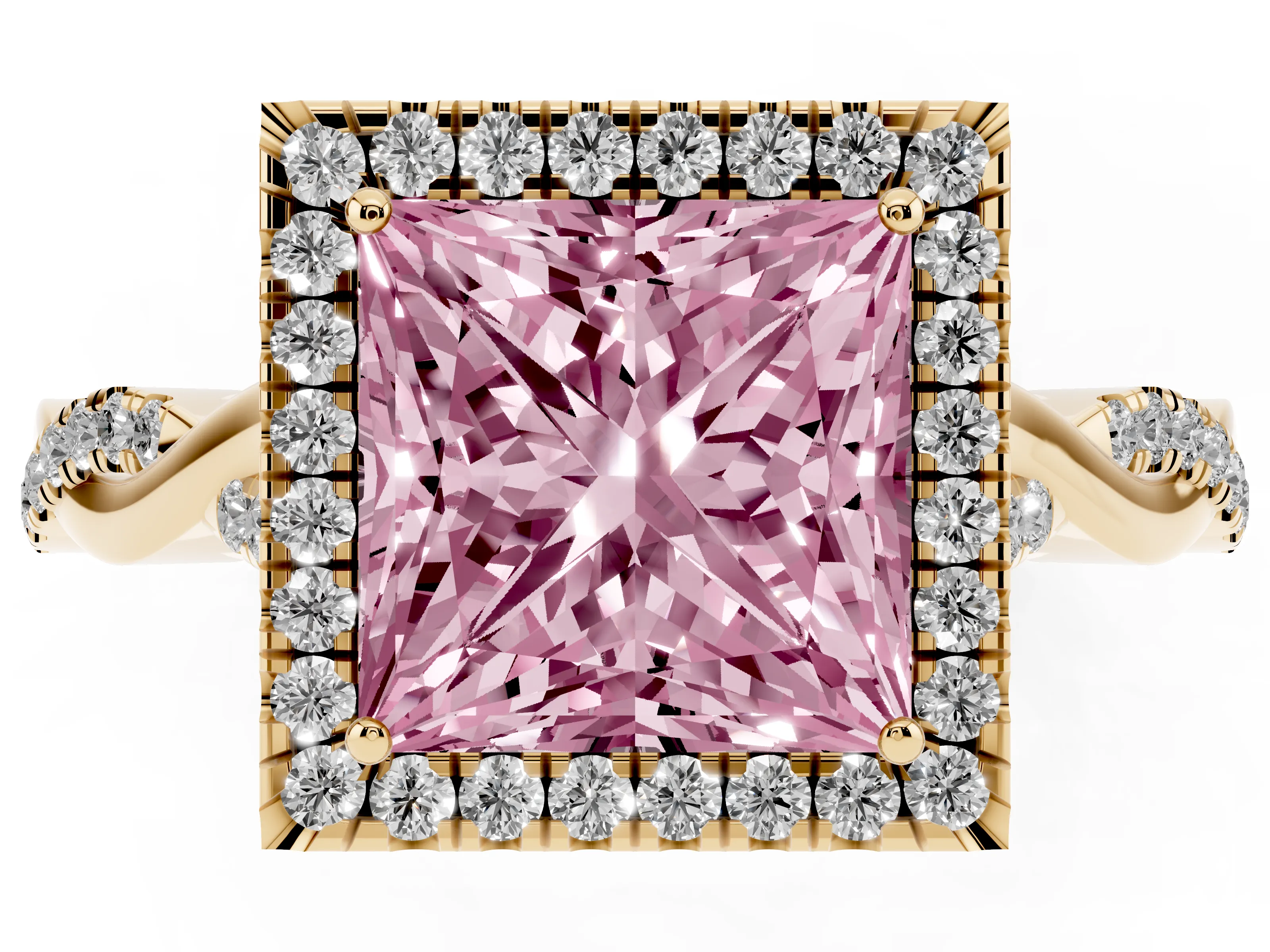 Fancy Pink Princess Cut Diamond Halo Twist Band Solitaire Ring Set in Yellow gold with Prong Setting