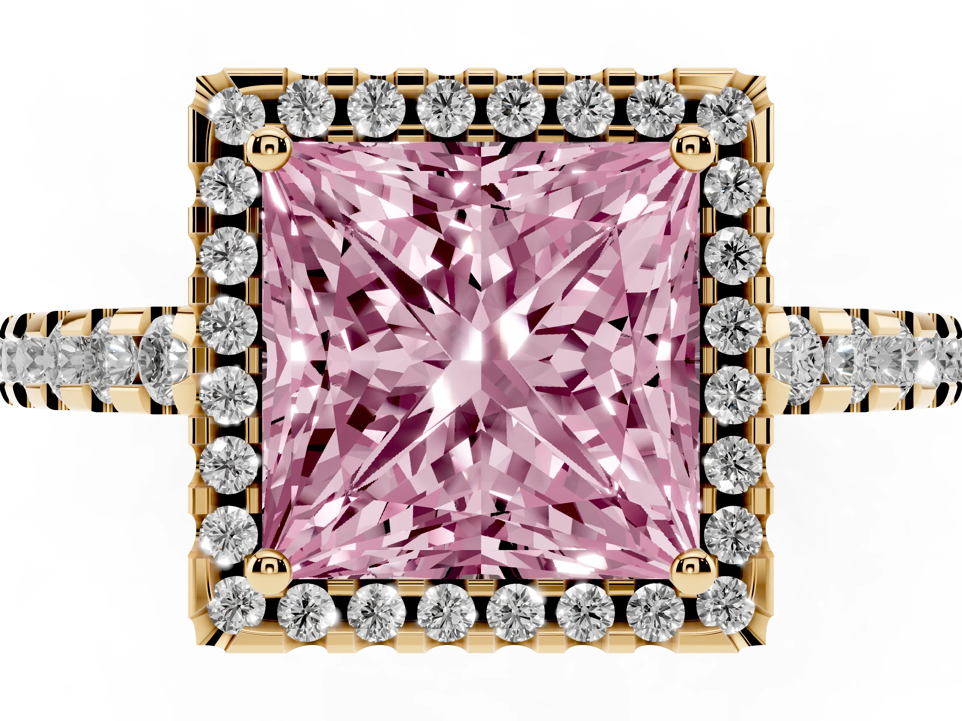 Fancy Pink Princess Cut Diamond Halo Ring Set in Yellow gold with Pavé Shoulders and Halo-Framed Center