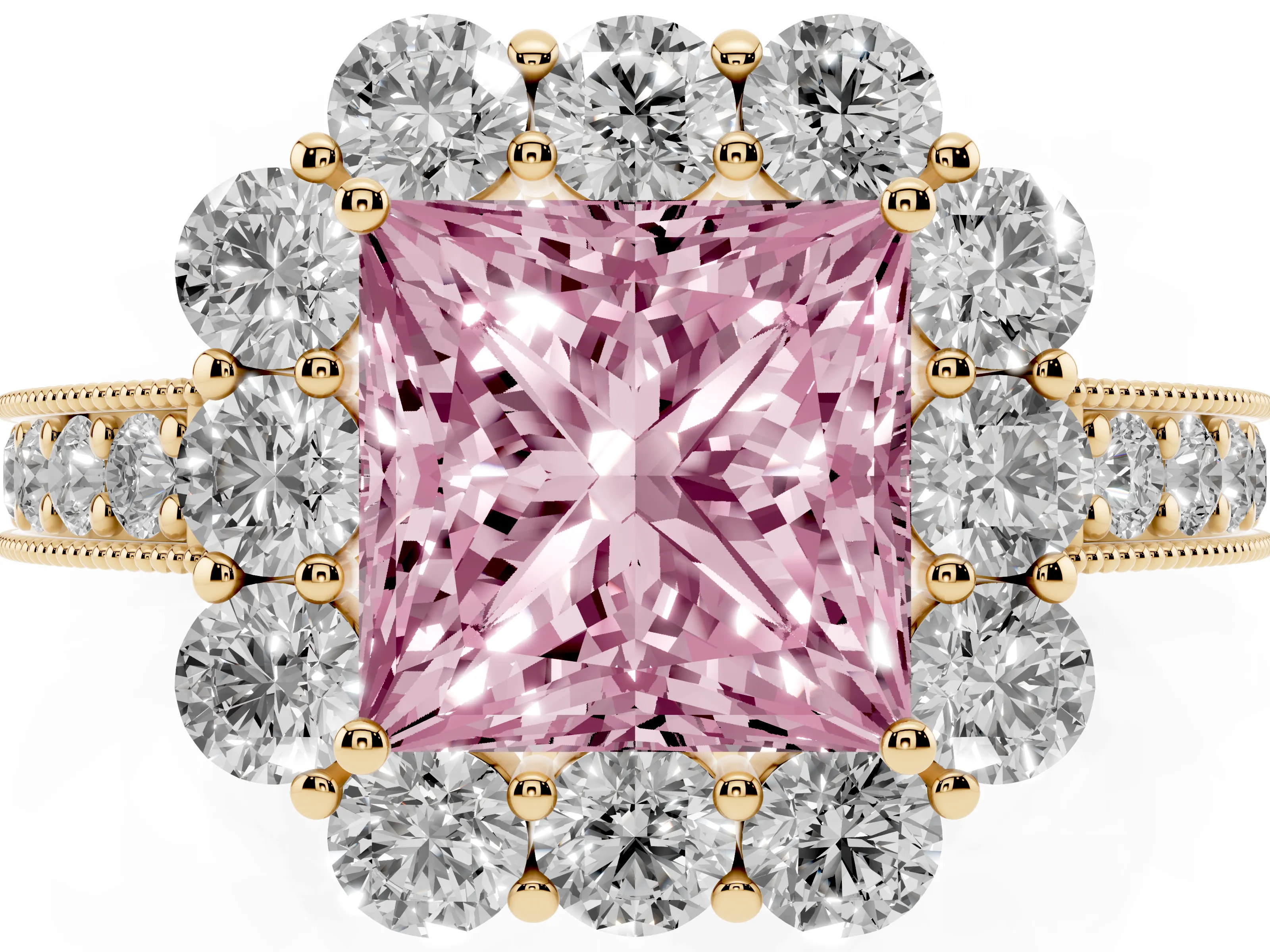 Fancy Pink Princess Cut Diamond Halo Pavé Engagement Ring Set in Yellow gold with Milgrain Detailing