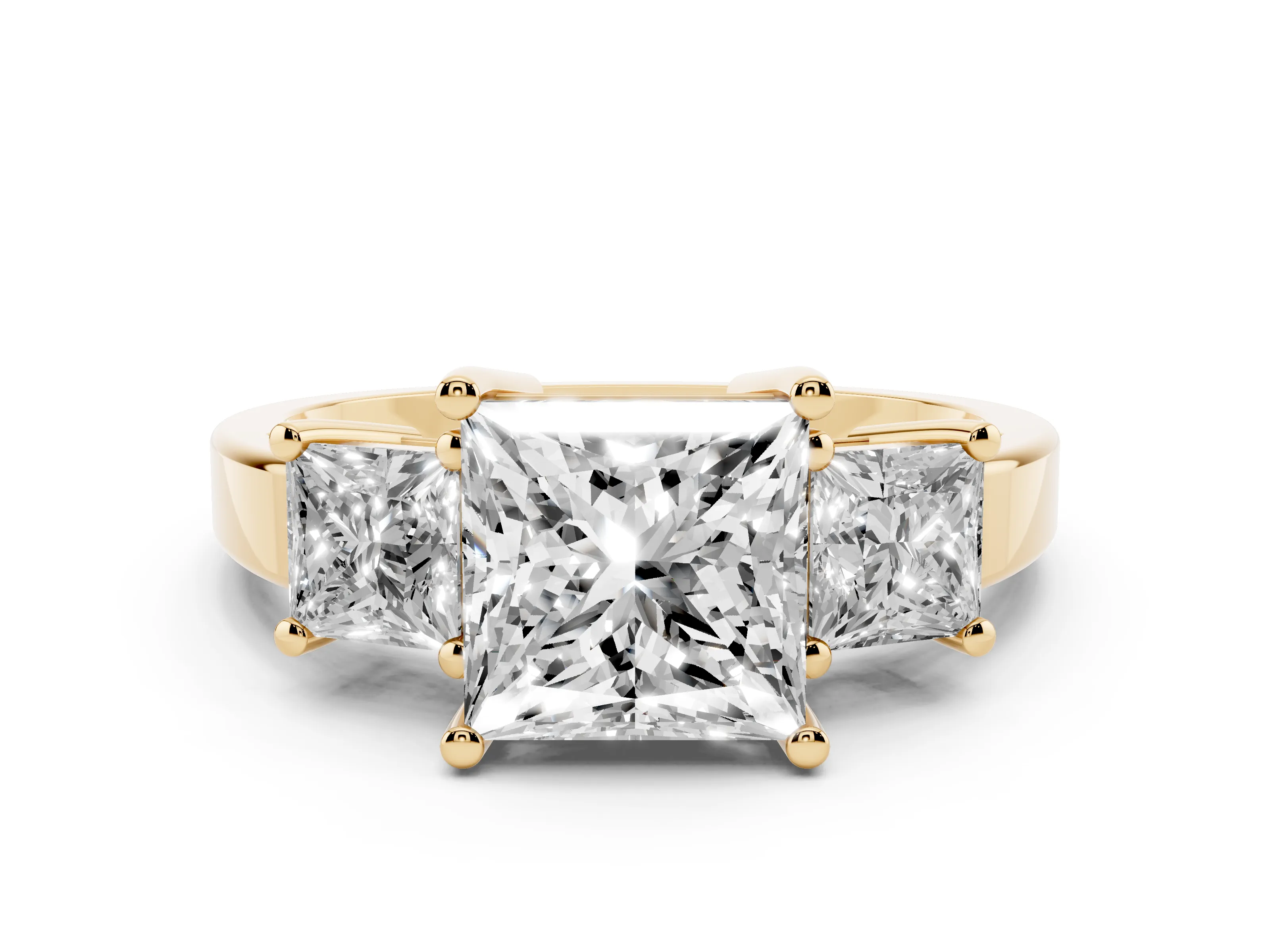 Three-Stone Princess Cut Diamond Solitaire Ring Set in Yellow gold with Prong Setting