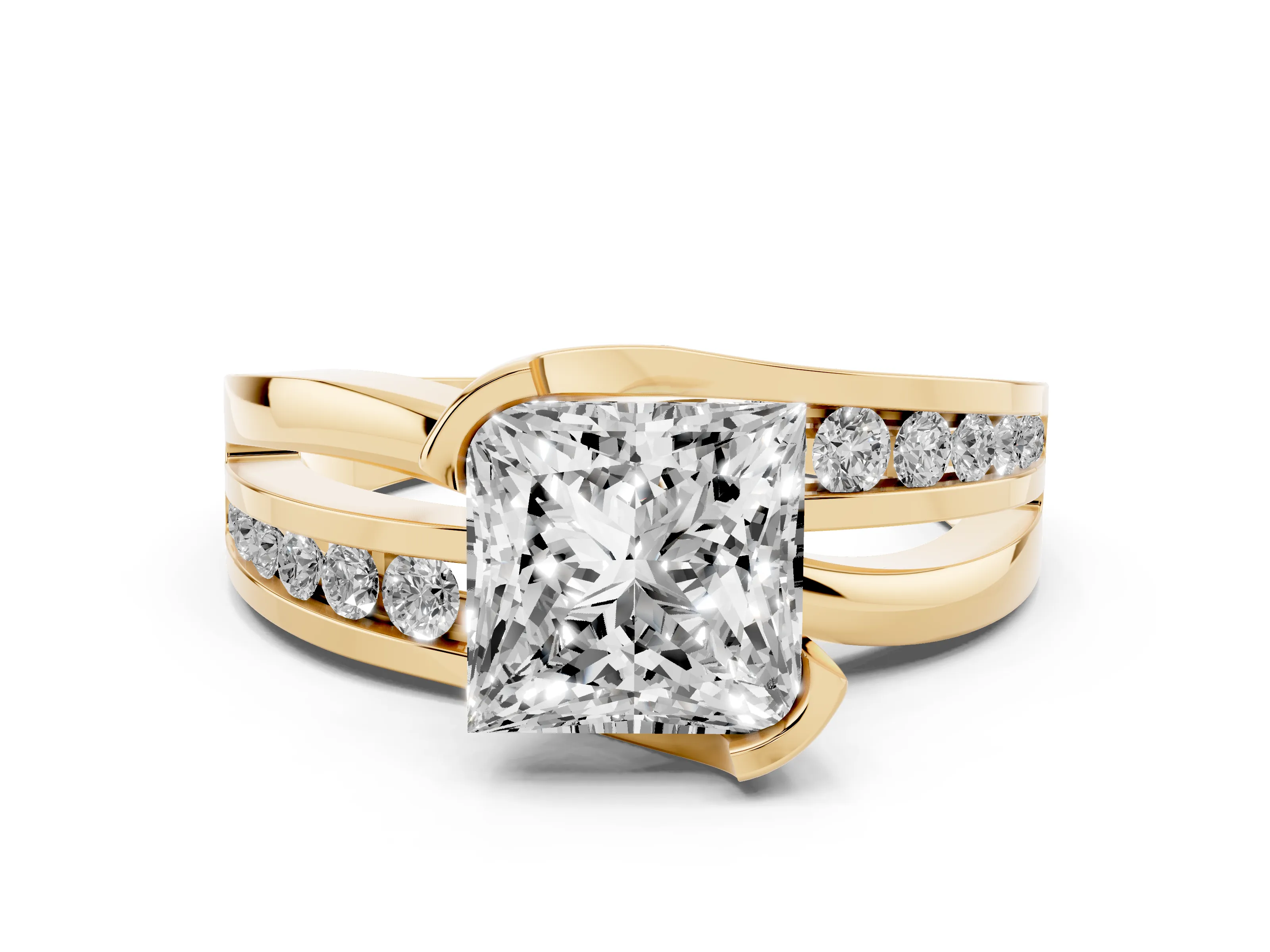 Princess Cut Diamond Solitaire Ring Set in Yellow gold with Channel Set Split Shank and Tension Prongs