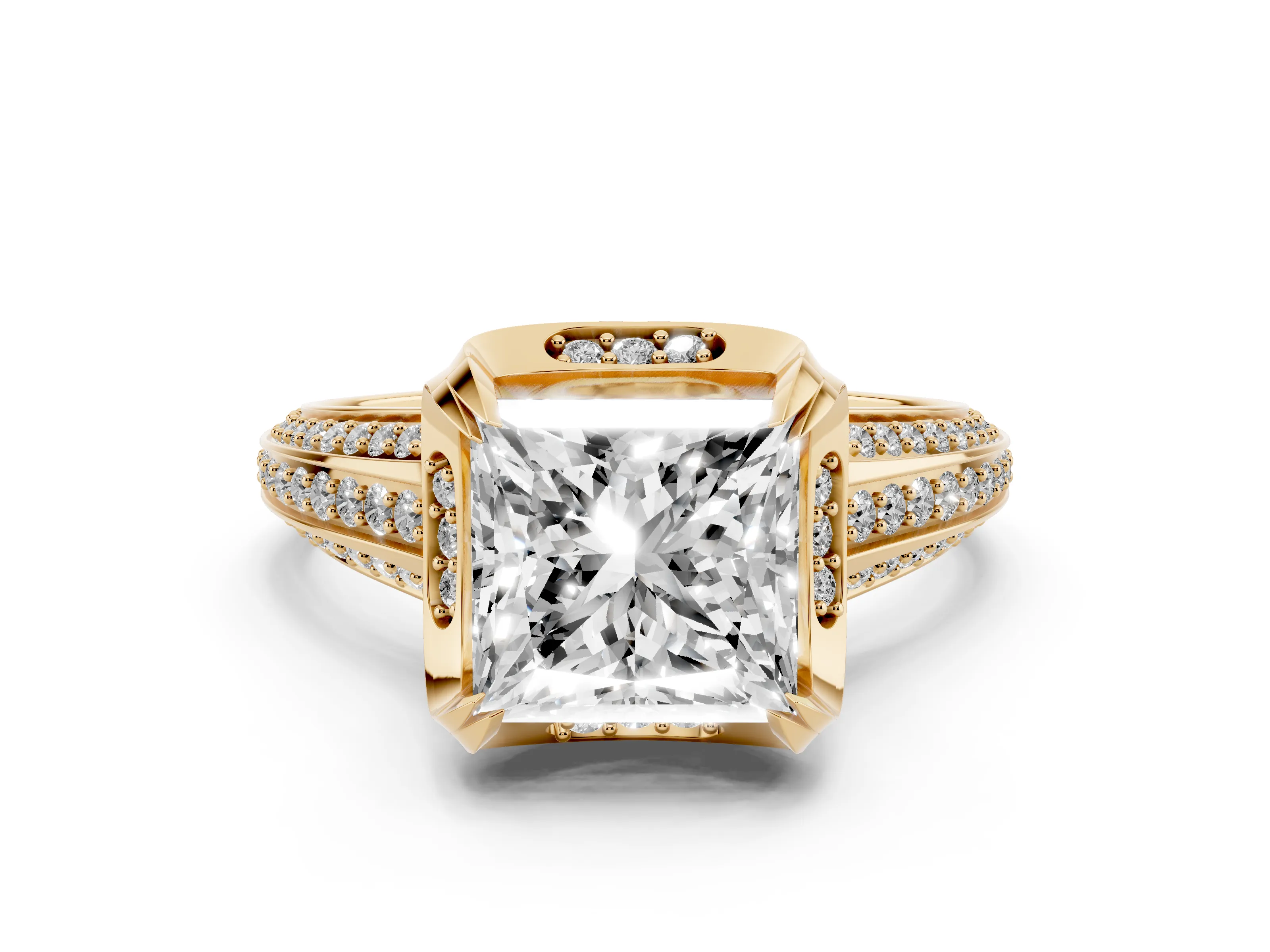 Princess Cut Diamond Pavé Split Shank Solitaire Ring Set in Yellow gold with Prong Setting