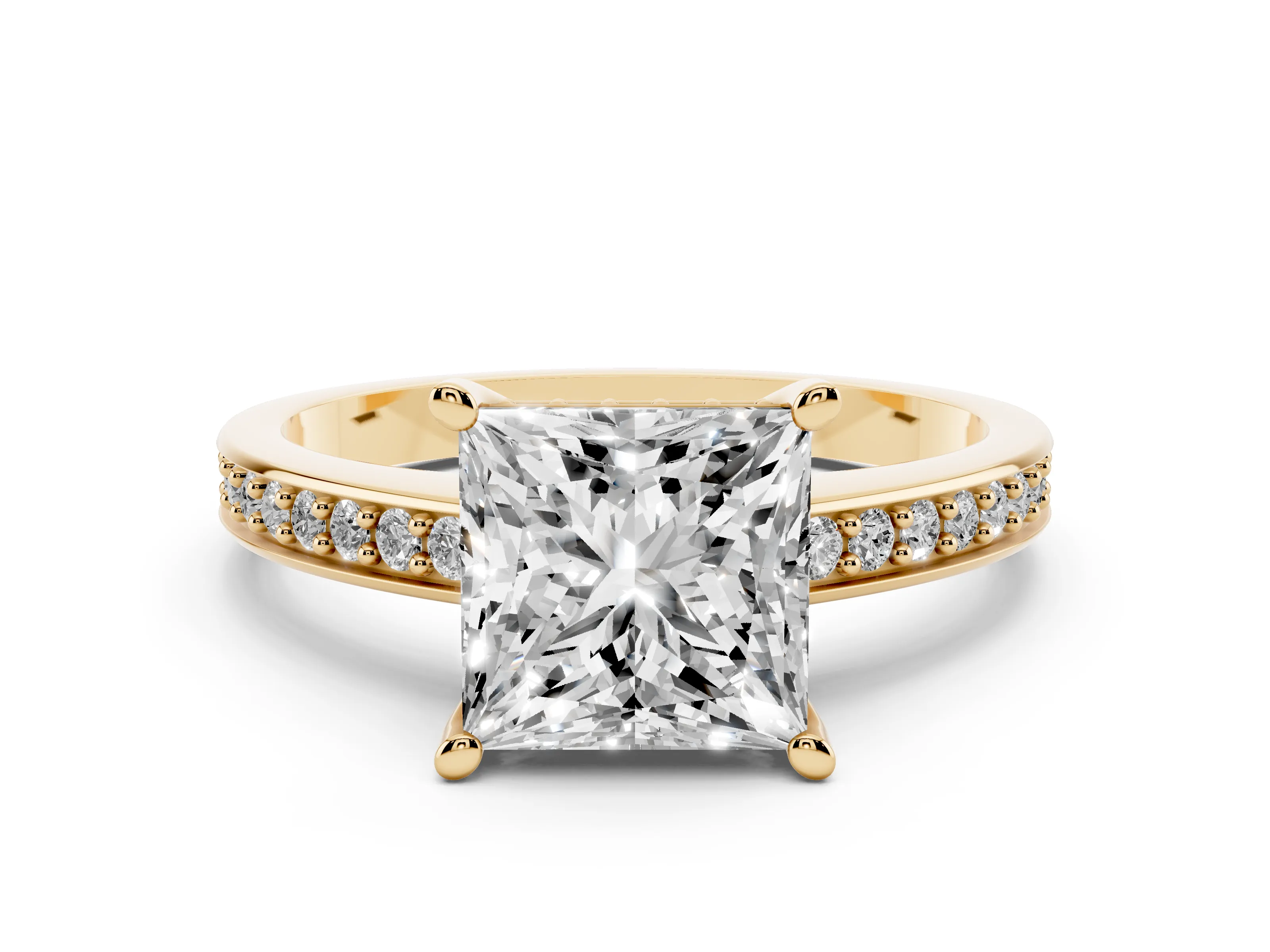 Princess Cut Diamond Pavé Band Prong Set Solitaire Ring Set in Yellow gold