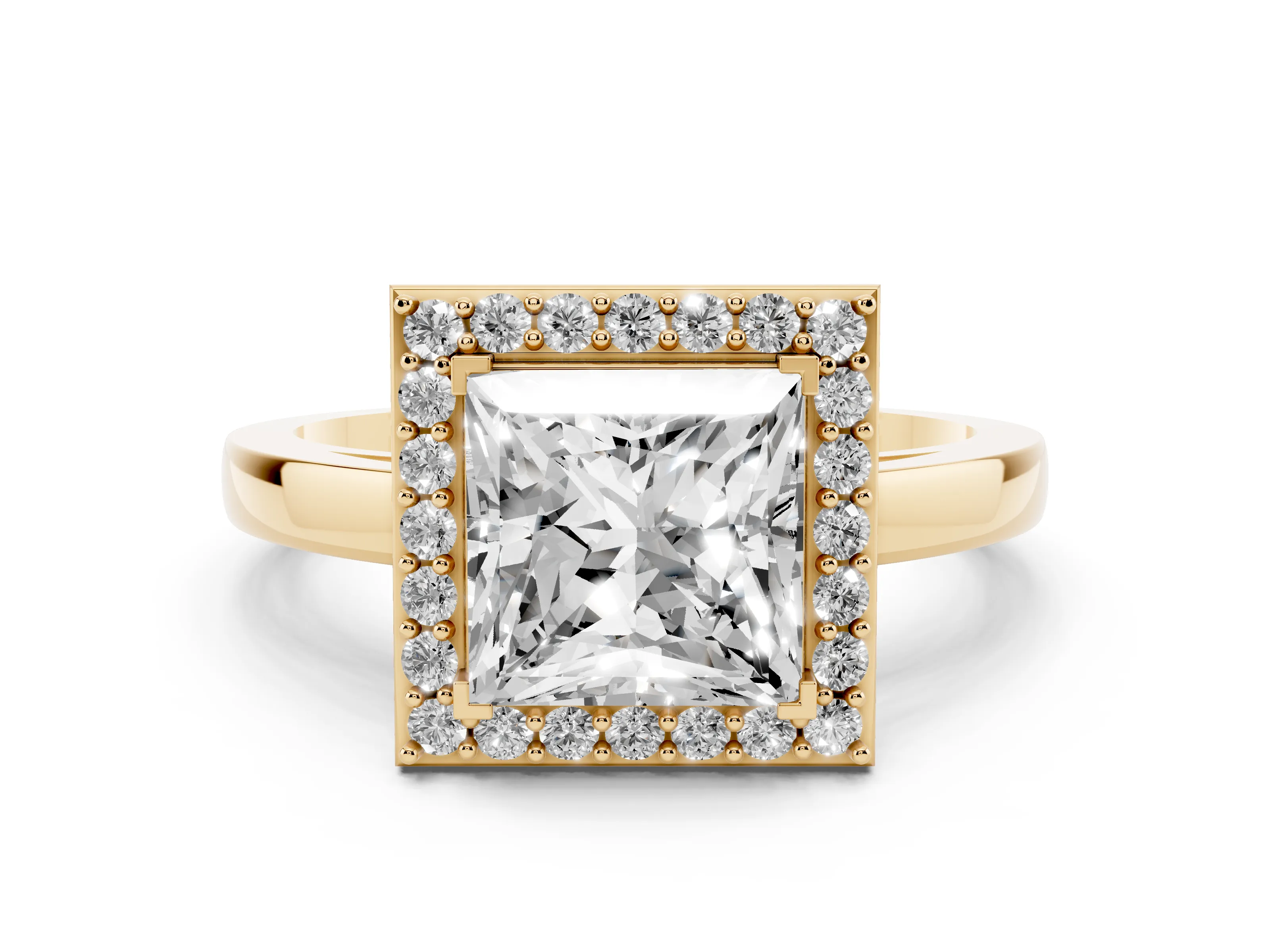 Princess Cut Diamond Halo Ring Set in Yellow gold with Solitaire Band and Prong Setting