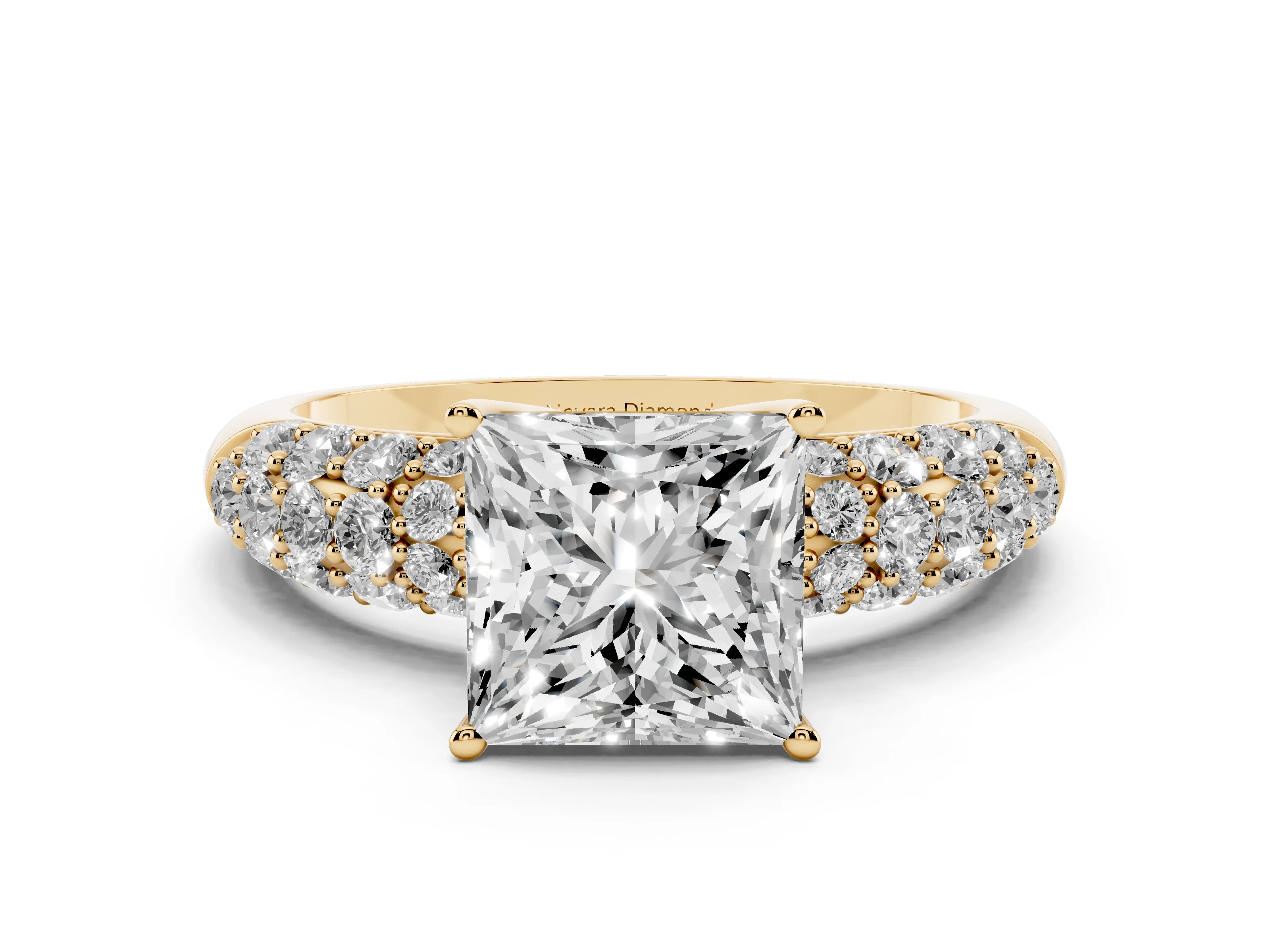 Princess Cut Diamond Pavé Band Solitaire Ring Set in Yellow gold with Close-Set Accent Stones and Prong Setting