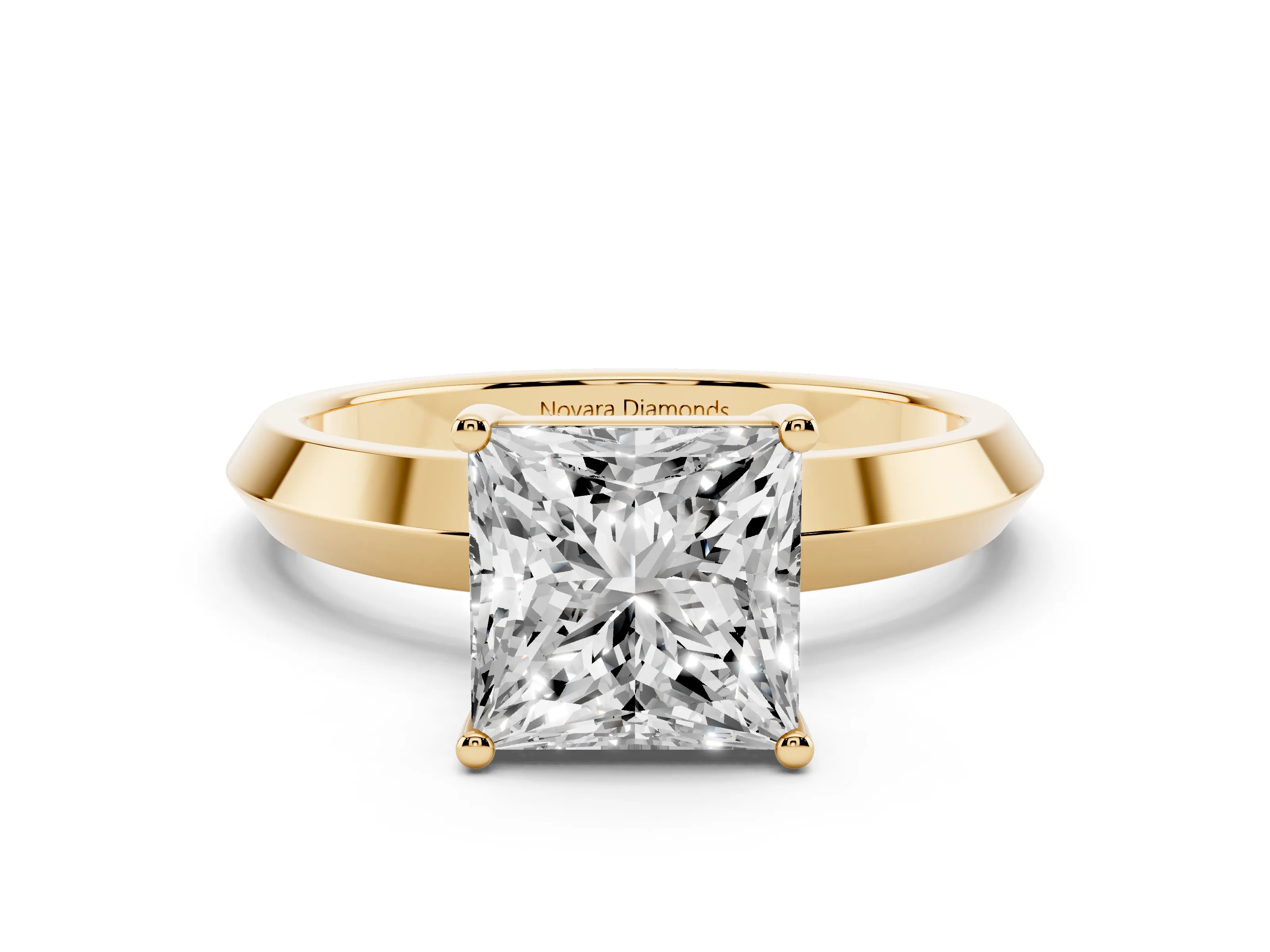 Princess Cut Diamond Solitaire Engagement Ring Set in Yellow gold with Flat Band and Prong Setting