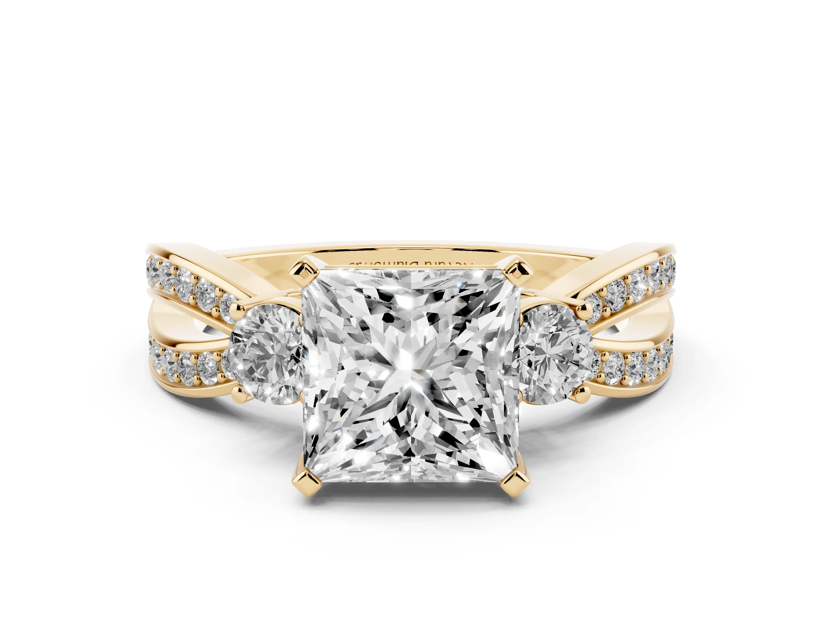 Three-Stone Princess Cut Diamond Twist Band Ring Set in Yellow gold with Pavé Accents and Prong Setting