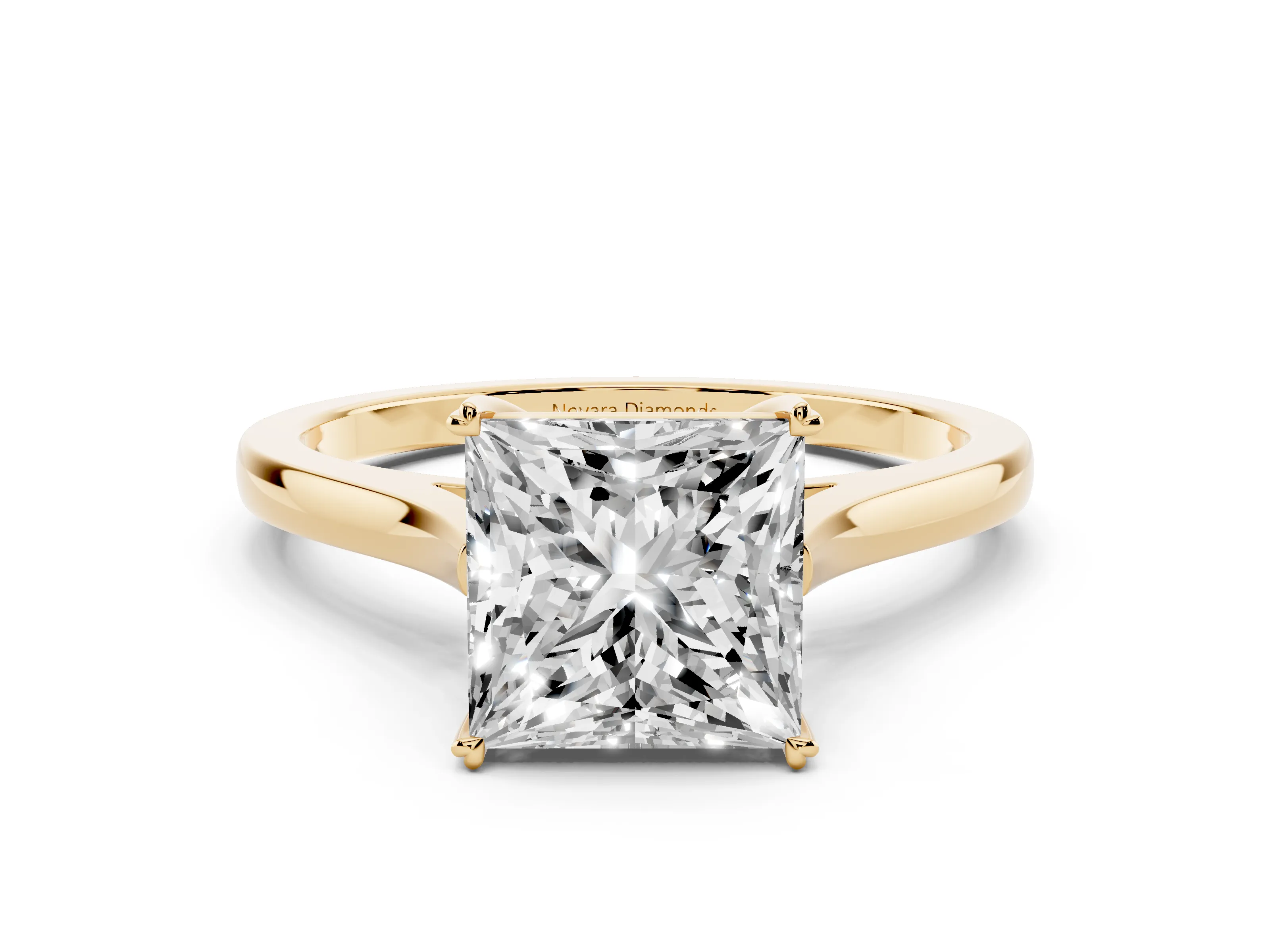 Princess Cut Diamond Solitaire Heart Prong Engagement Ring Set in Yellow gold with Tapered Band