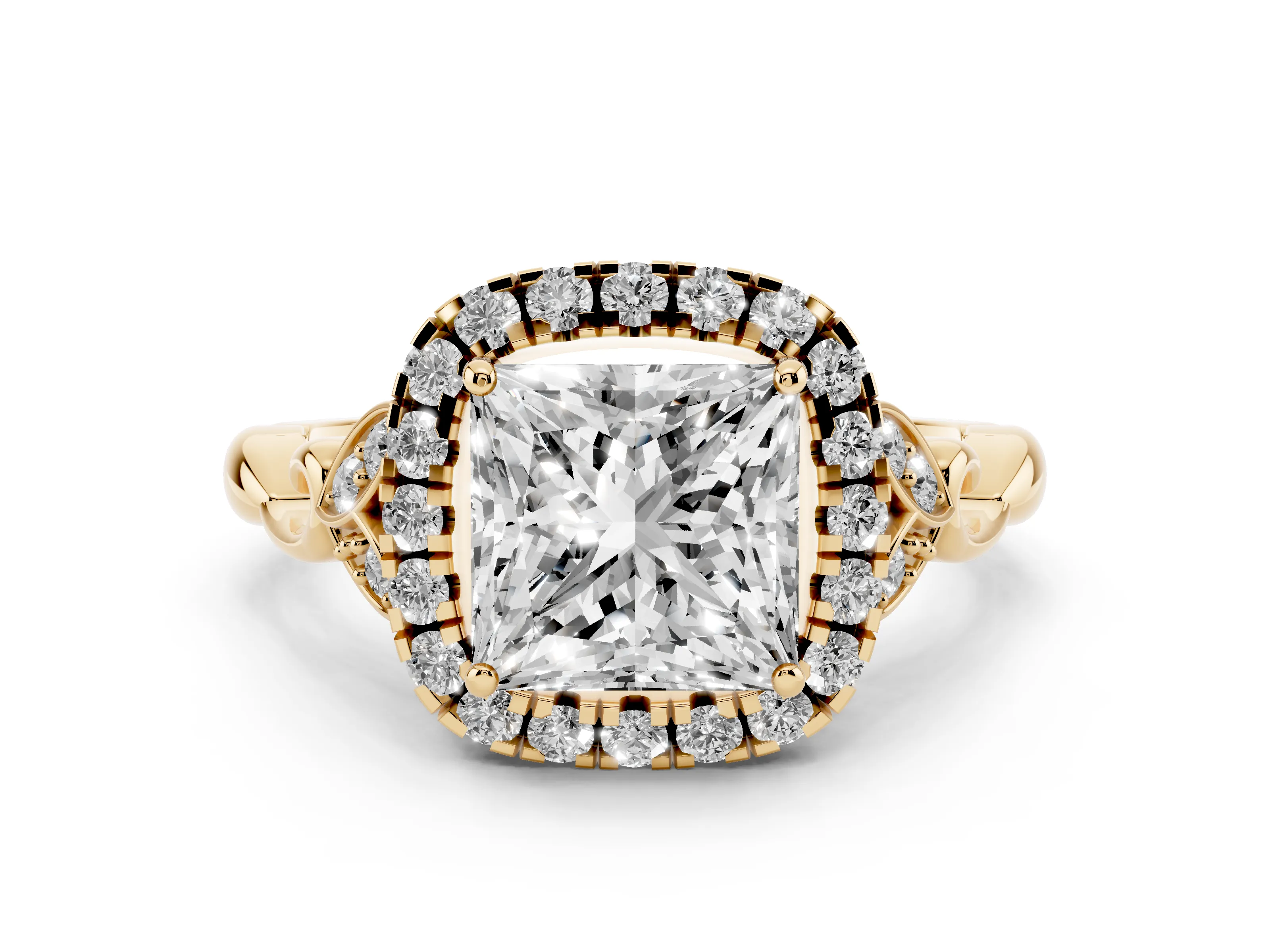 Princess Cut Diamond Halo Engagement Ring Set in Yellow gold with Vintage-Inspired Band and Prong Setting