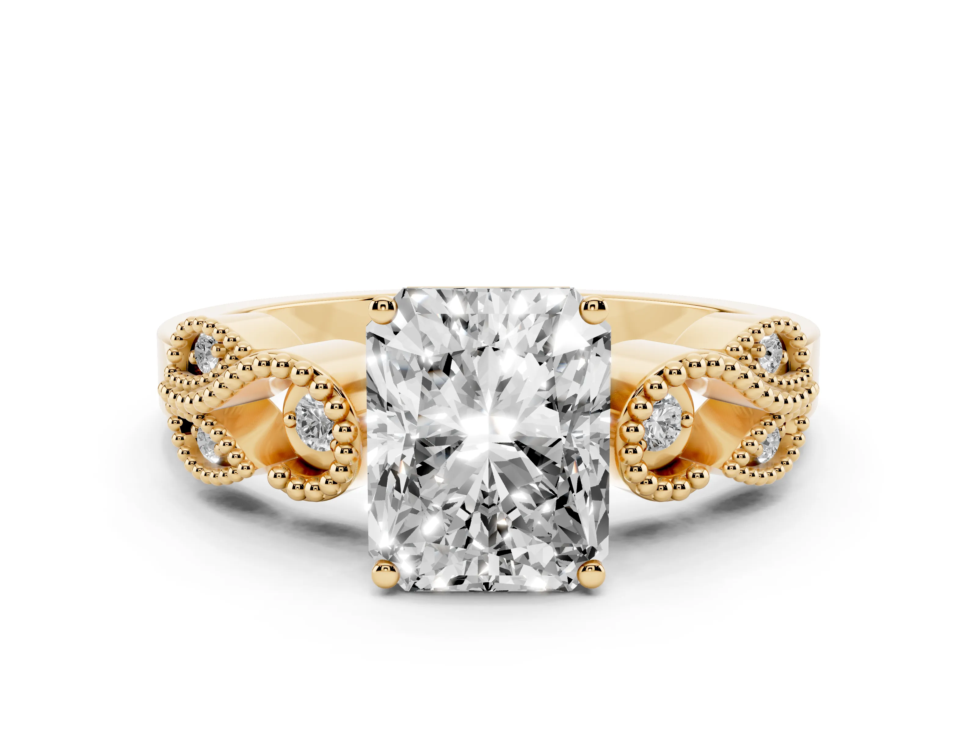 Princess Cut Diamond Milgrain Leaf Band Solitaire Ring Set in Yellow gold with Accent Stones and Prong Setting