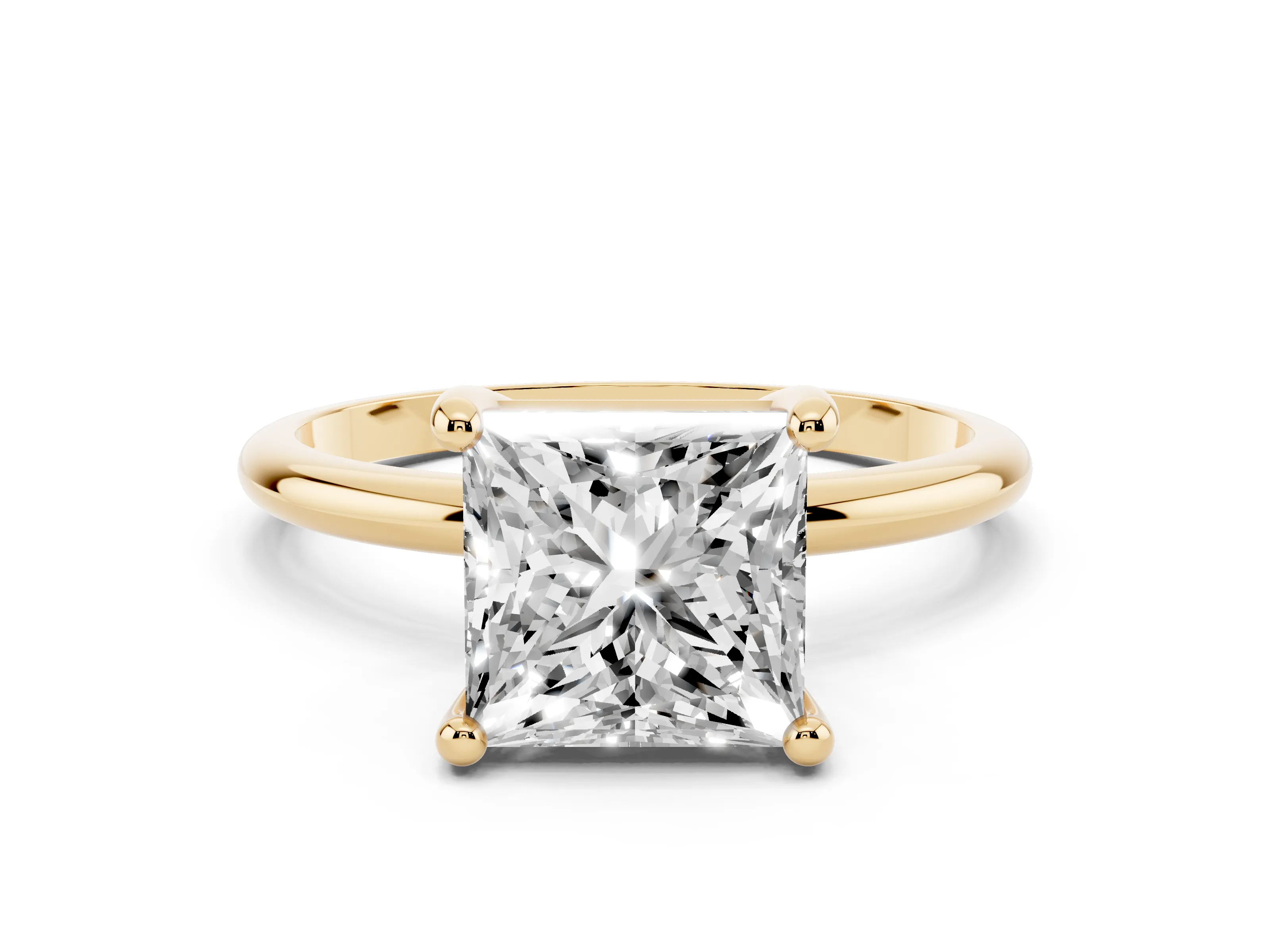 Princess Cut Diamond Solitaire Ring Set in Yellow gold with Secure Prong Setting on a Classic Band