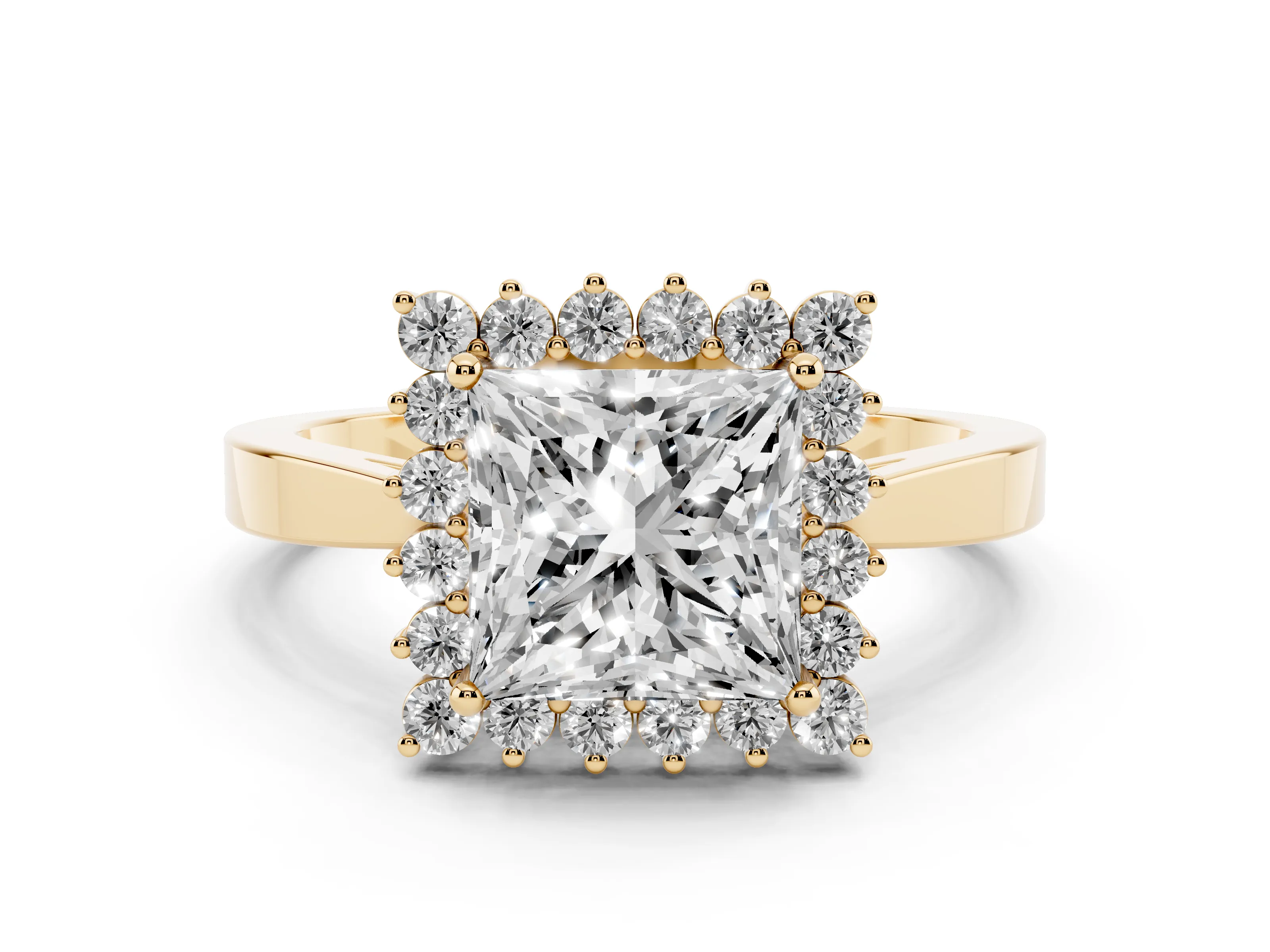 Princess Cut Diamond Halo Ring Set in Yellow gold with Round Halo and Smooth Solitaire Band