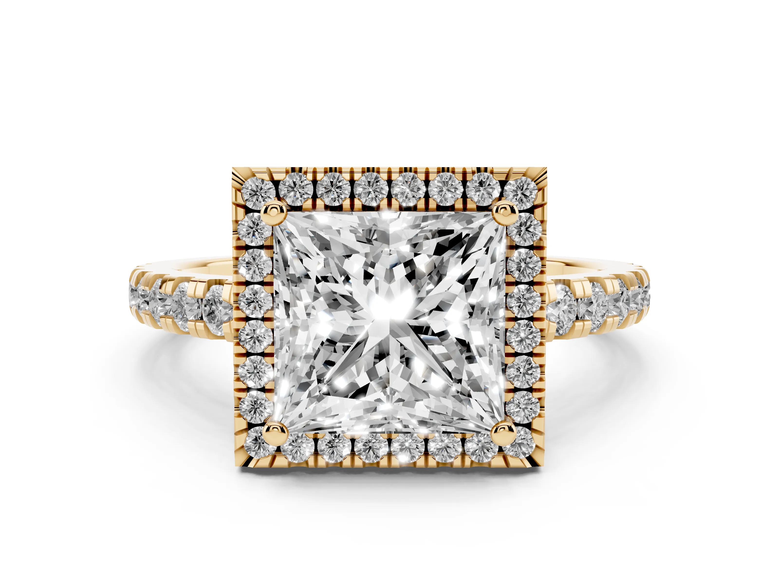 Princess Cut Diamond Halo Ring Set in Yellow gold with Delicate Pavé Band and Prong Setting