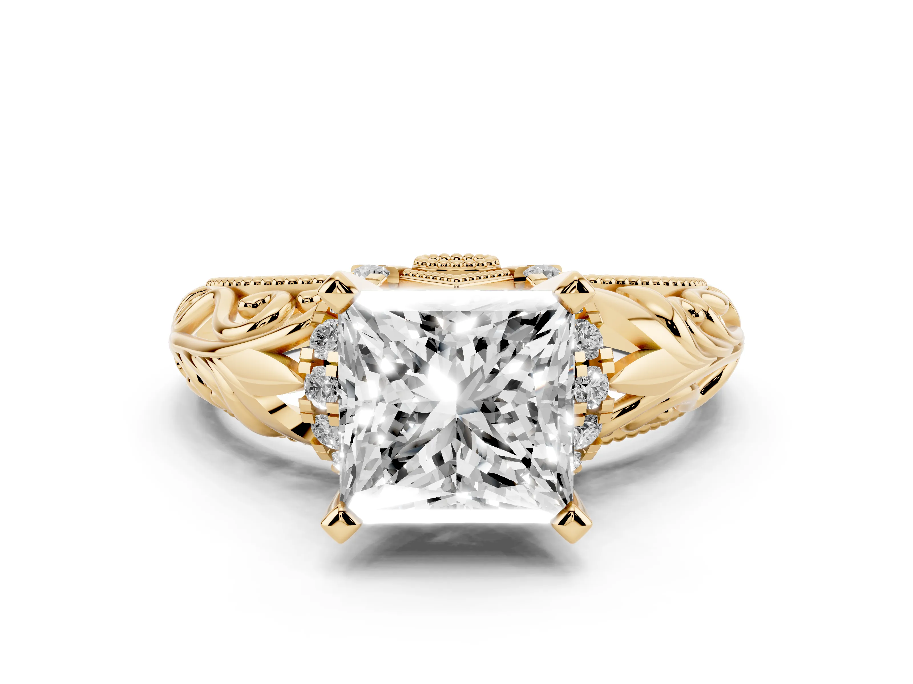 Princess Cut Diamond Filigree Halo Engagement Ring Set in Yellow gold with Prong Setting
