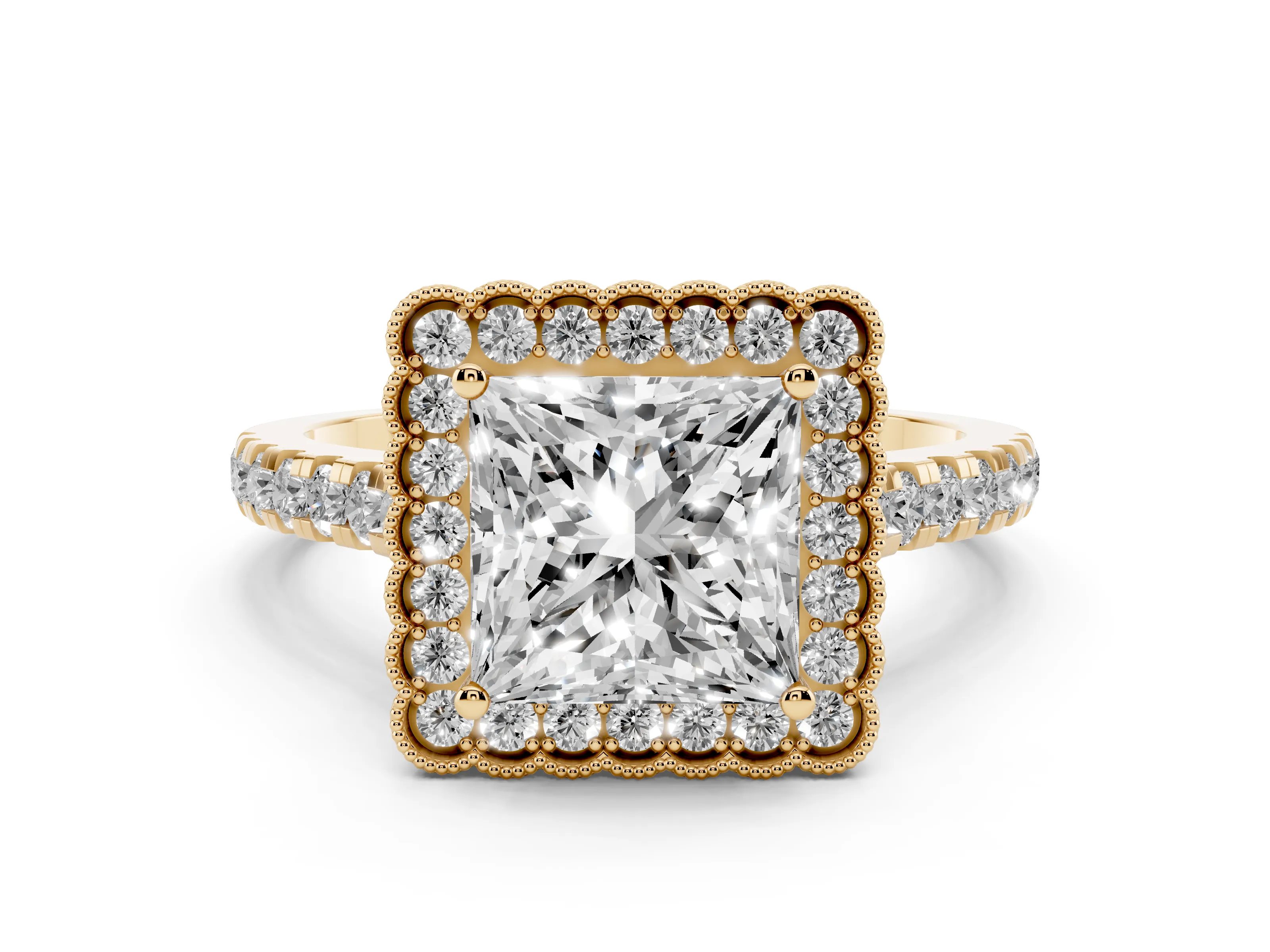 Princess Cut Diamond Milgrain Floral Halo Engagement Ring Set in Yellow gold with Pavé Band