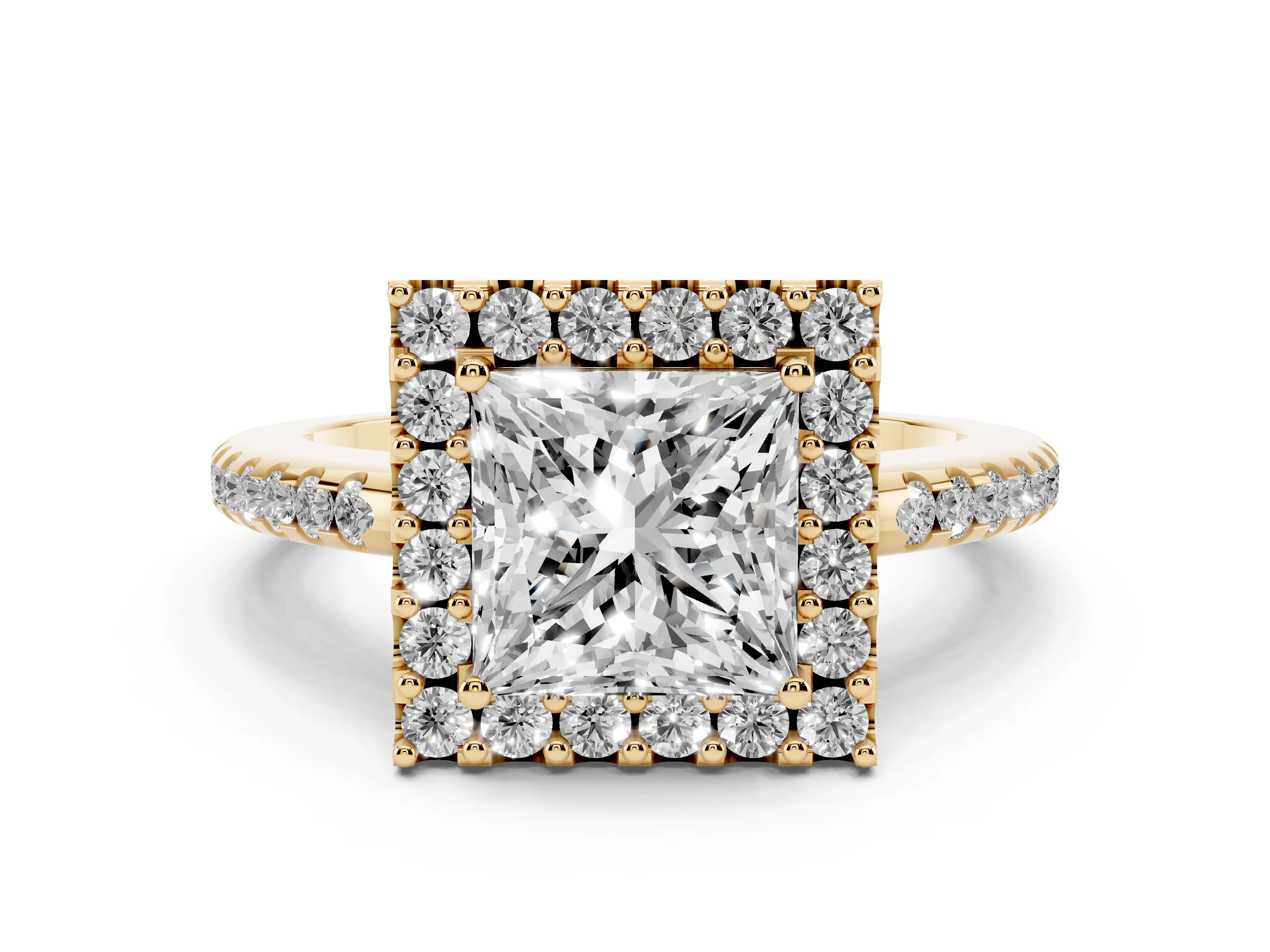 Princess Cut Diamond Pavé Halo Ring Set in Yellow gold with Prong Setting