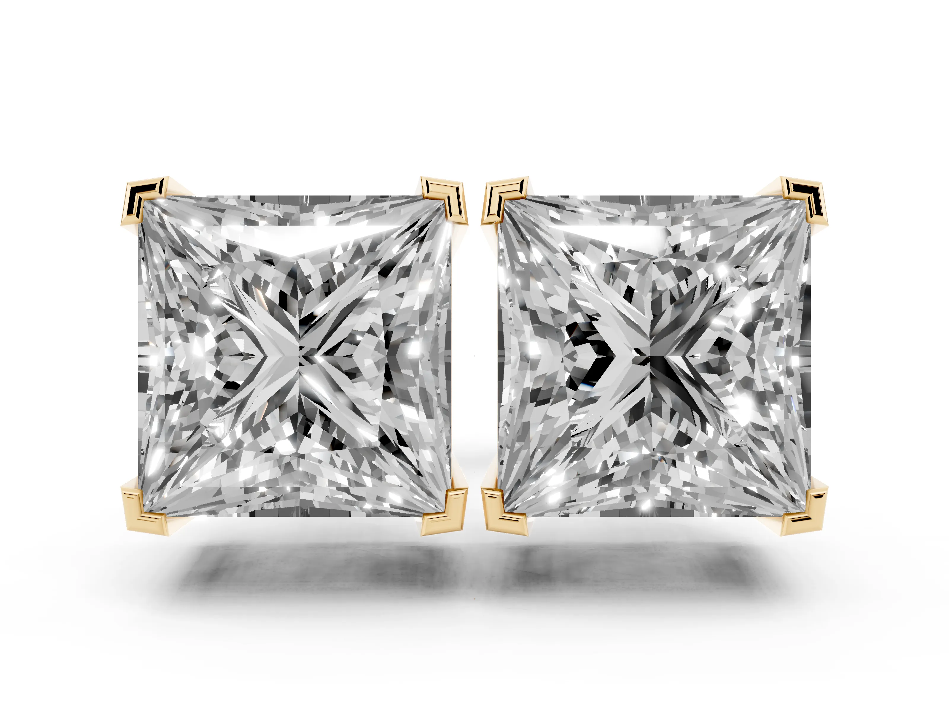 Princess Cut Diamond Solitaire Stud Earrings Set in Yellow gold with Basket Setting