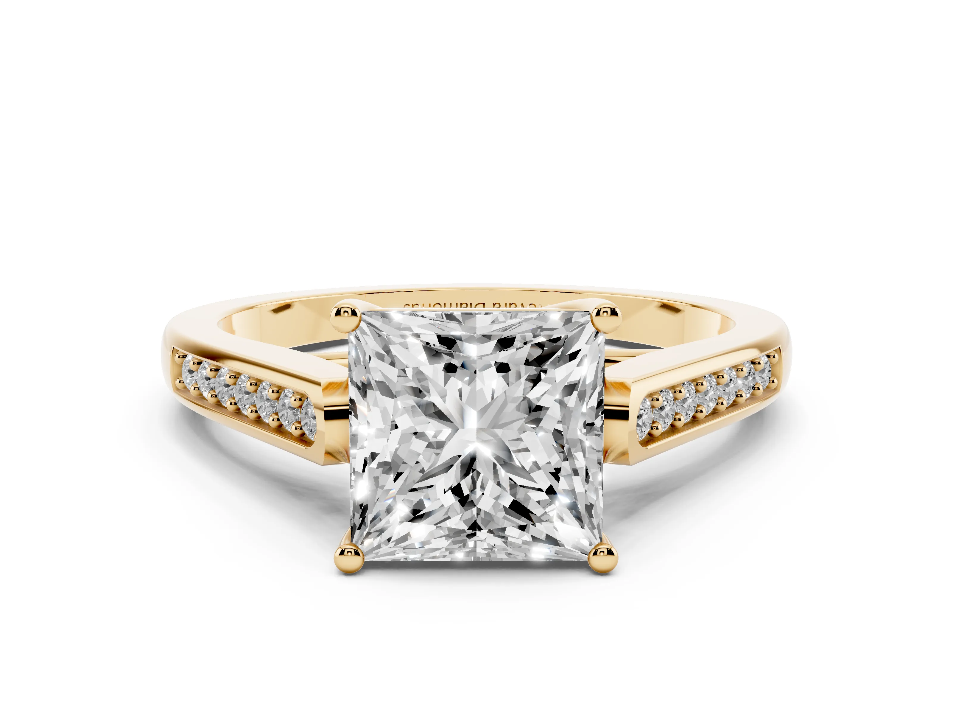 Princess Cut Diamond Solitaire Cathedral Engagement Ring Set in Yellow gold with Channel-Set Band and Prong Setting