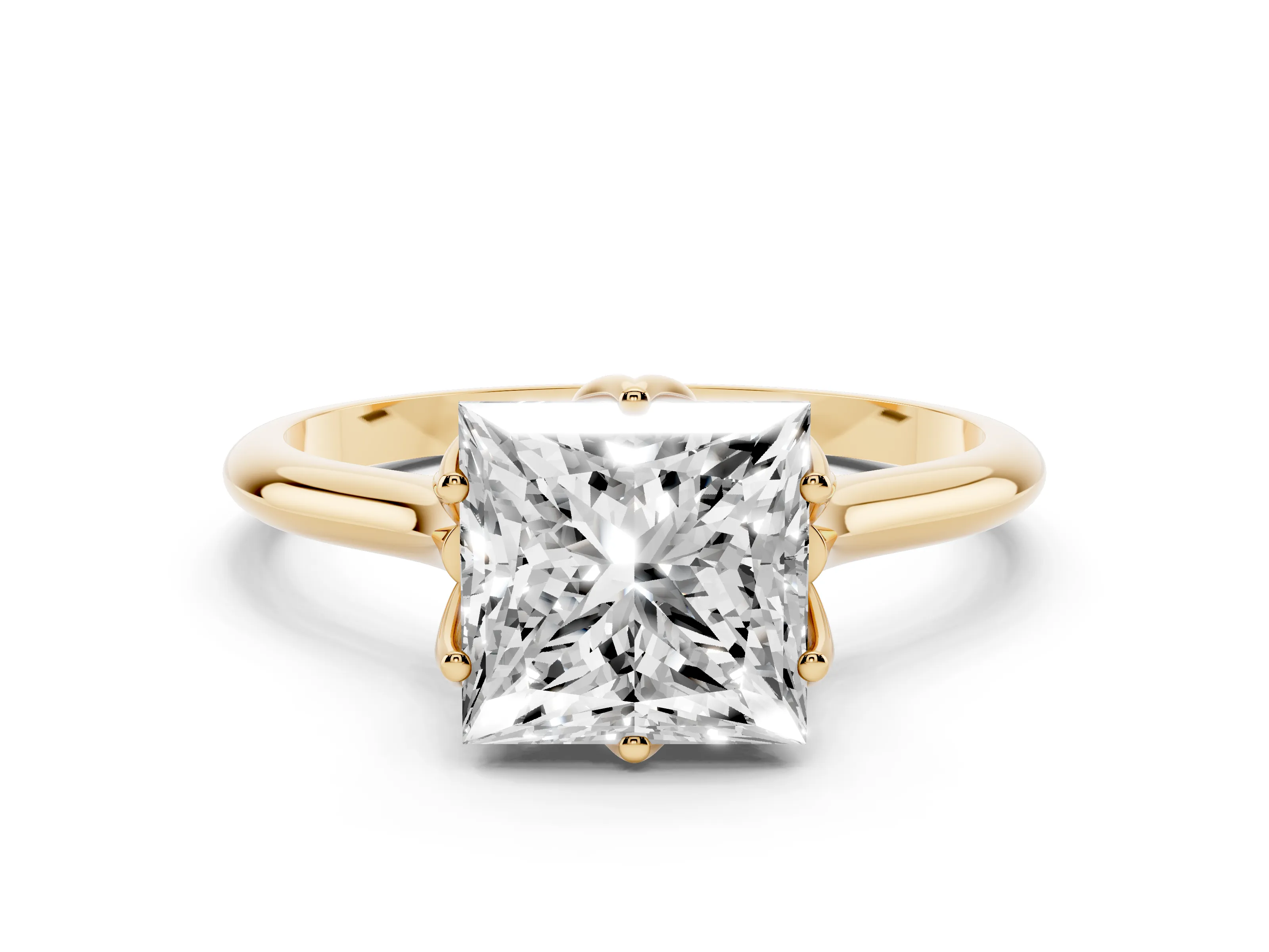 Princess Cut Diamond Solitaire Cathedral Ring Set in Yellow gold with Prong Setting
