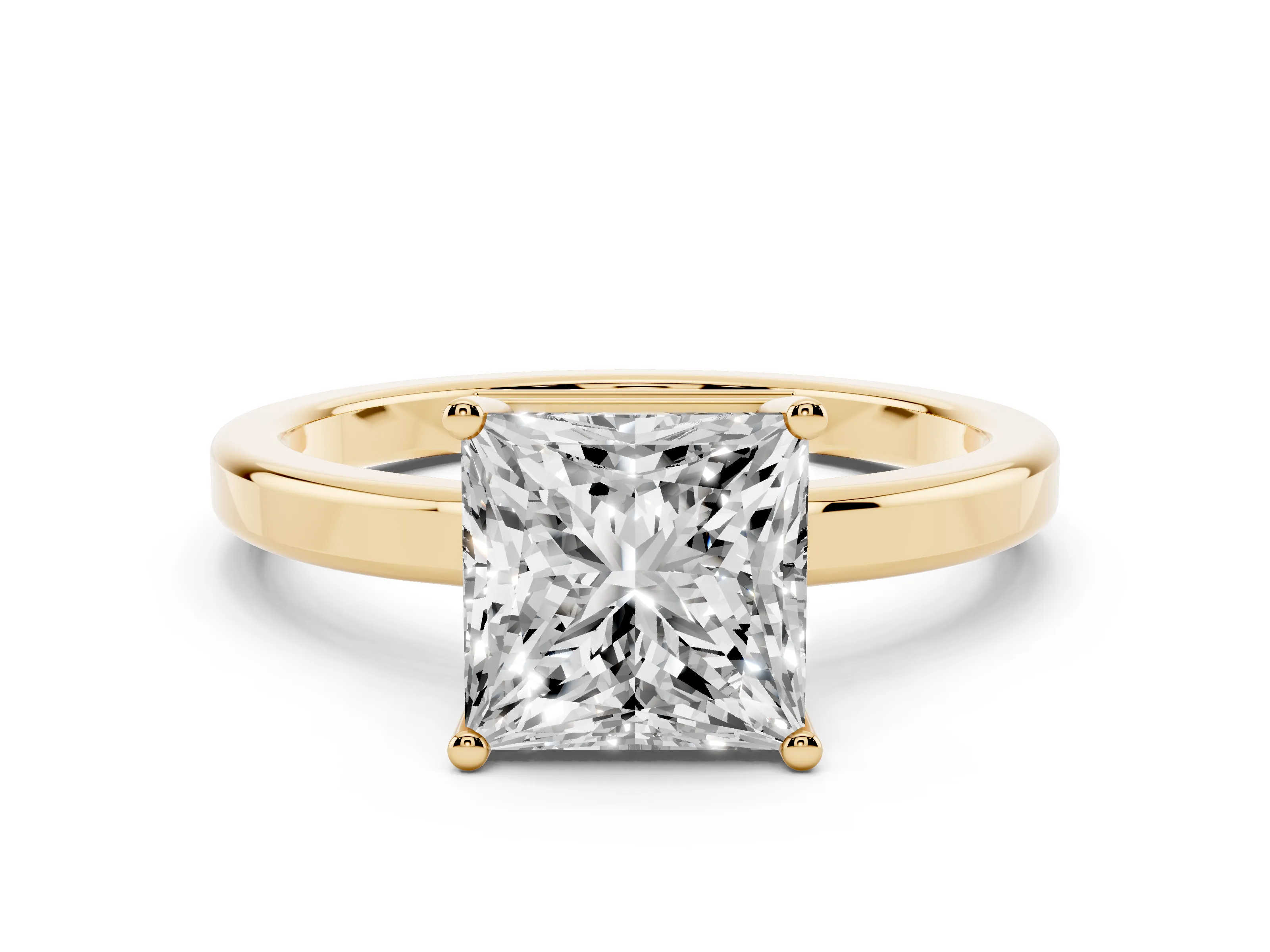 Princess Cut Diamond Solitaire Engagement Ring Set in Yellow gold with Prong Setting on a Plain Band