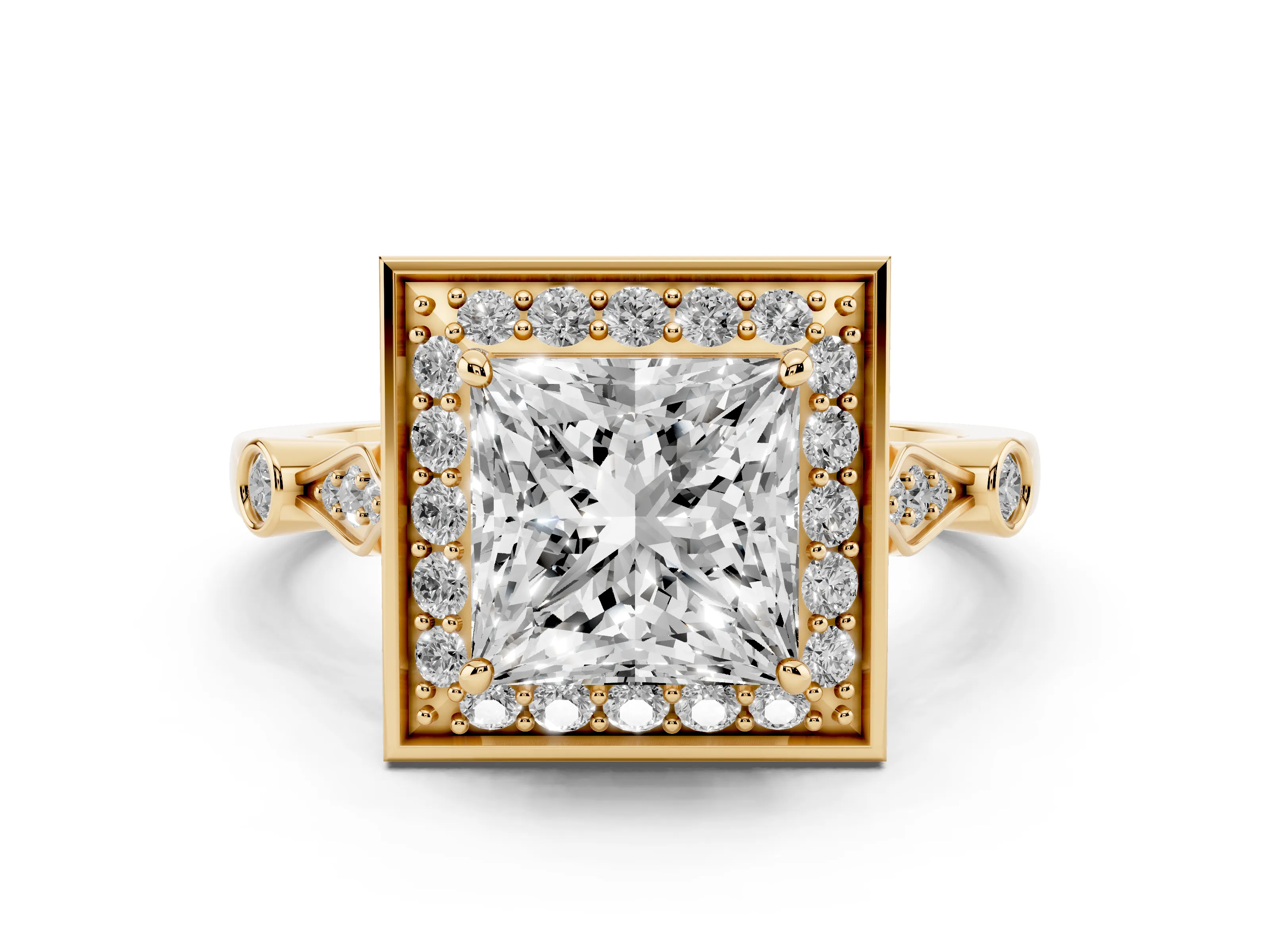 Princess Cut Diamond Halo Engagement Ring Set in Yellow gold with Twisted Band and Prong Setting